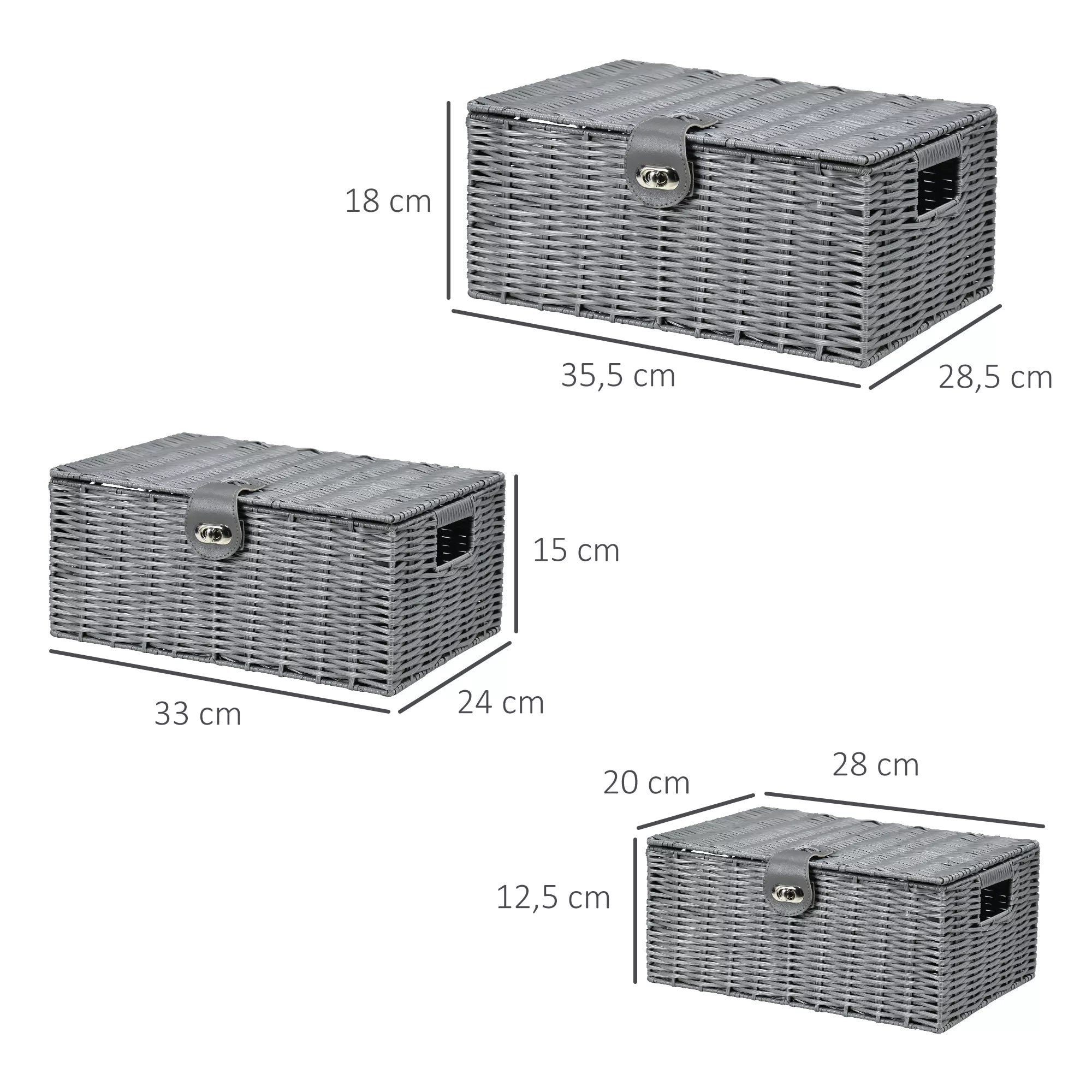 3 vnt. PE rotango laikymo krepšelių rinkinys, su užraktu, rankenomis, 35,5 cm x 28,5 cm x 18 cm, pilkos spalvos