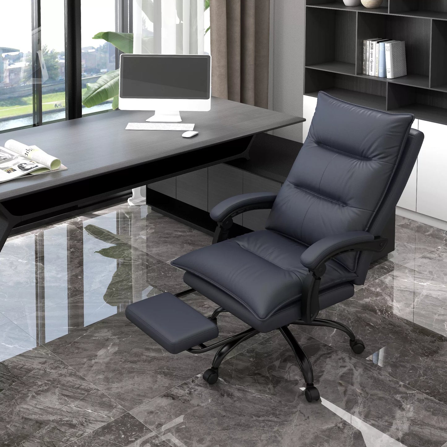 Biuro kėdė su masažo ir šildymo funkcija, kojų atrama, iki 120 kg, tamsiai pilka