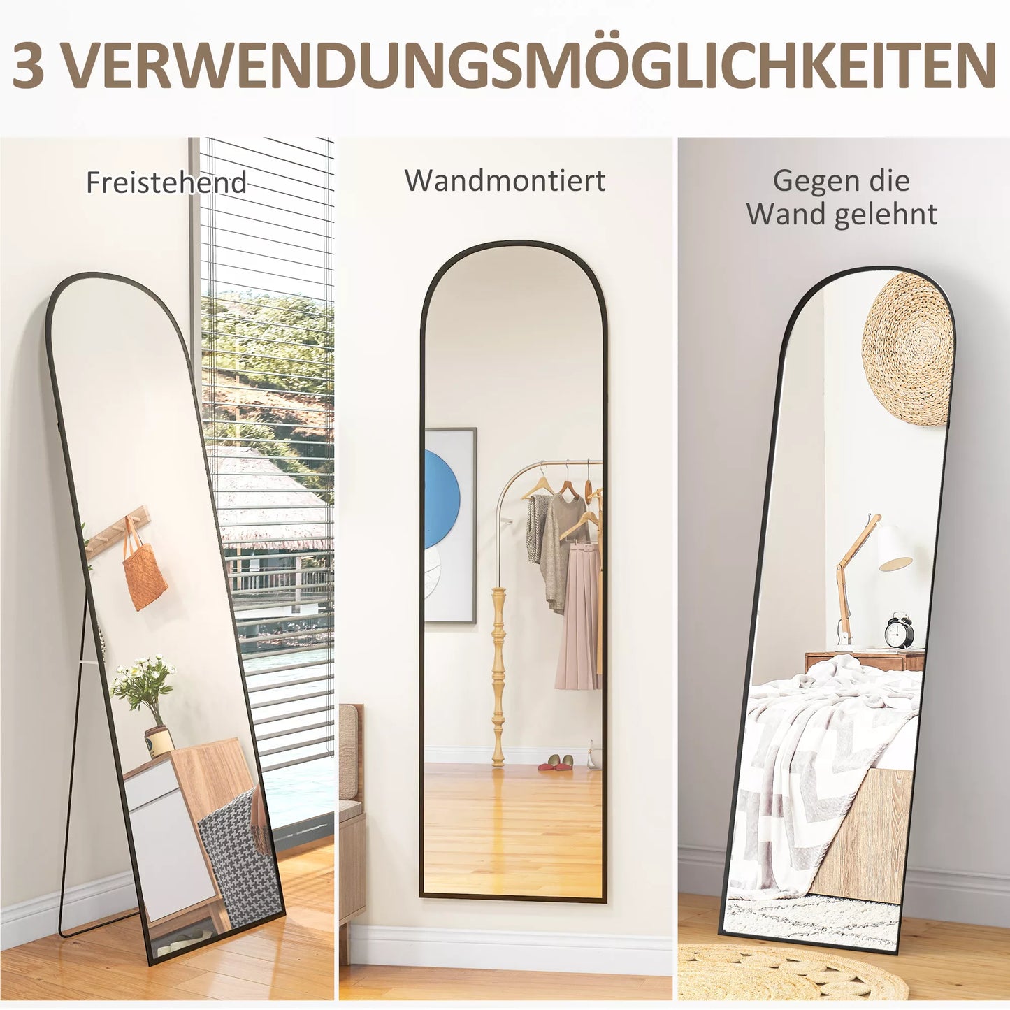 Pastatomas veidrodis, viso kūno veidrodis, modernaus dizaino, 50 cm x 1,5 cm x 161,5 cm, juodas