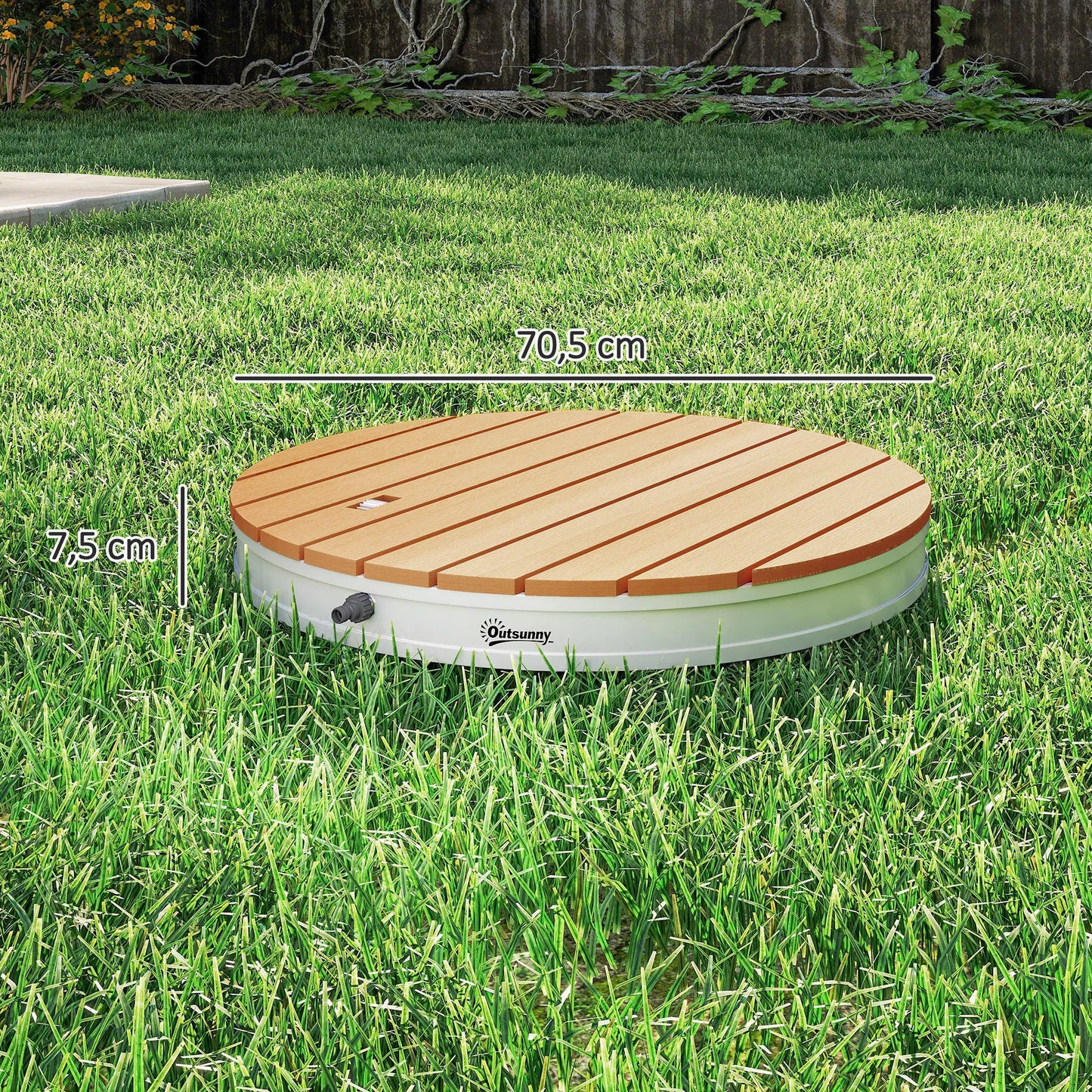 Nešiojamas lauko dušo komplektas su reguliuojamu fontanu, aliuminio pagrindas, atsparus UV spinduliams ir šalčiui, natūralaus medžio išvaizda