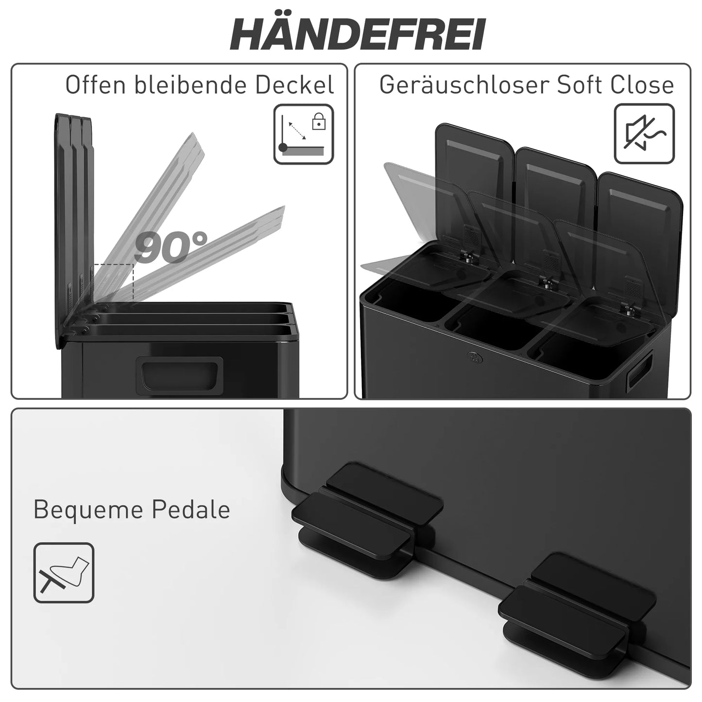 Šiukšliadėžė su 3 x 20 L skyriais, su dezodoravimo funkcija, atsparus pirštų atspaudams, su švelniu uždarymu, su išimamais skyriais, juoda