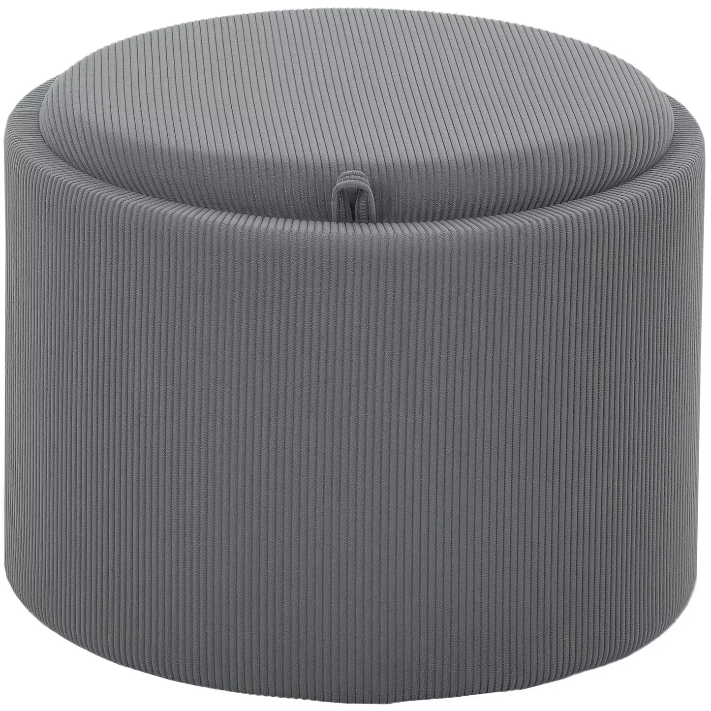 Apvalus laikymo pufas su daiktadėže, atrama kojoms, iš kordilano audinio, MDF, pilkos spalvos
