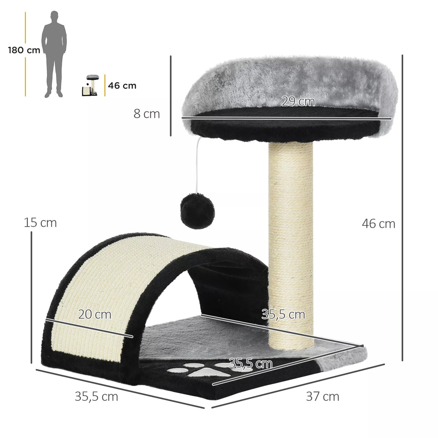 Katės draskyklė su žaidimo kamuoliukais, su sizalinės virvės draskomosiomis atramomis, juoda spalva, 35,5 x 37 x 46 cm