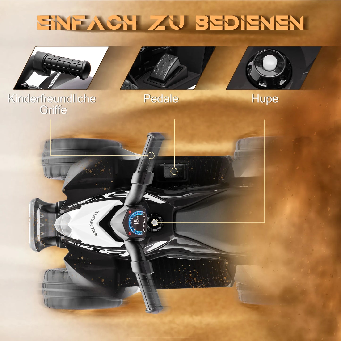 Elektrinis keturratis vaikams, 2,8 km/h, LED žibintai, nuo 1,5-3 metų, juodas, 65,5 x 38,5 x 43,5cm