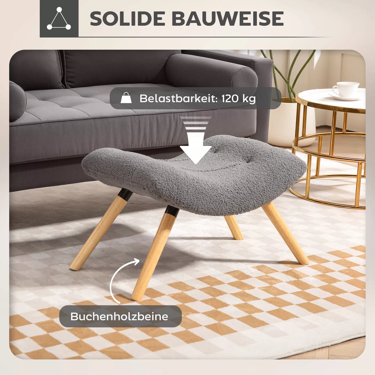 Modernus pufas su fliso apmušalu ir medinėmis kojomis, paminkštintas, skirtas svetainei, miegamajam, prieškambariui, tamsiai pilkos spalvos.