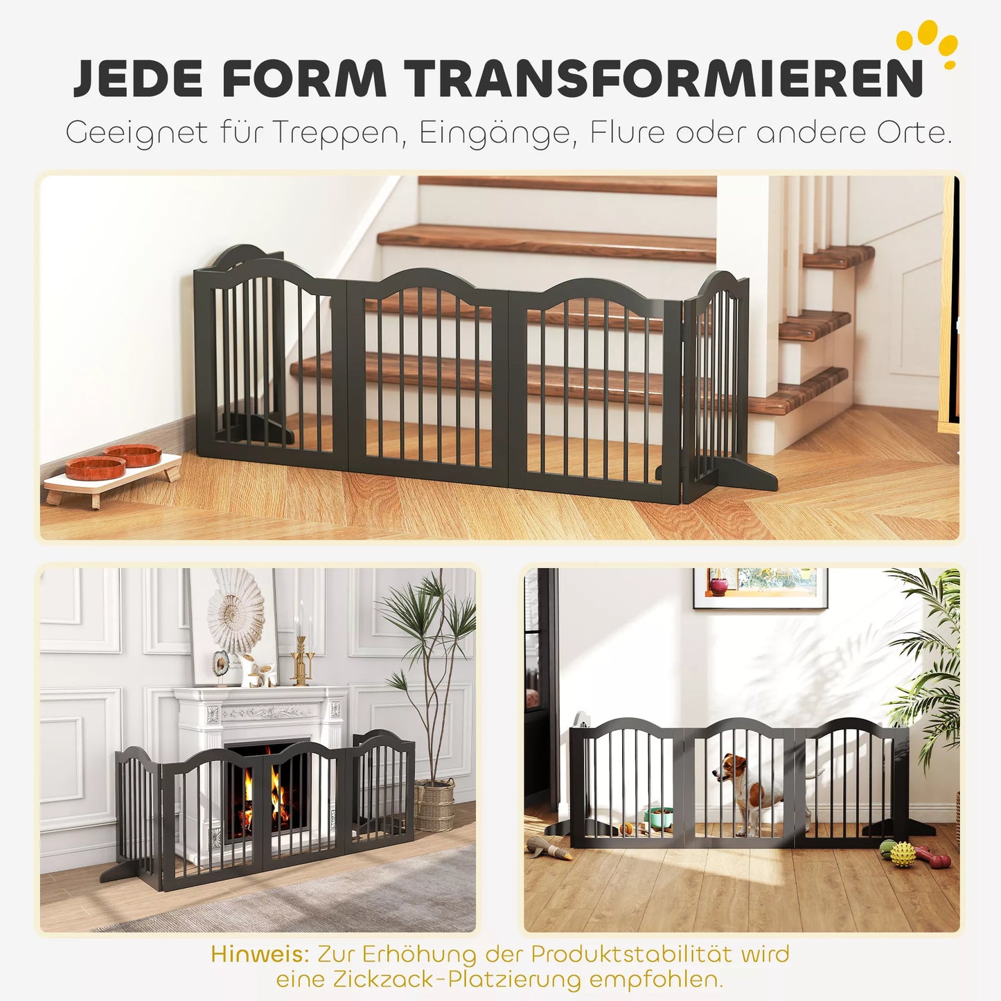 Apsauginė tvora šunims Laisvai stovinti apsauginė tvora su kojomis, sulankstoma tvora šunims, 5 panelės, 261,5 x 29,5 x 61 cm, juoda