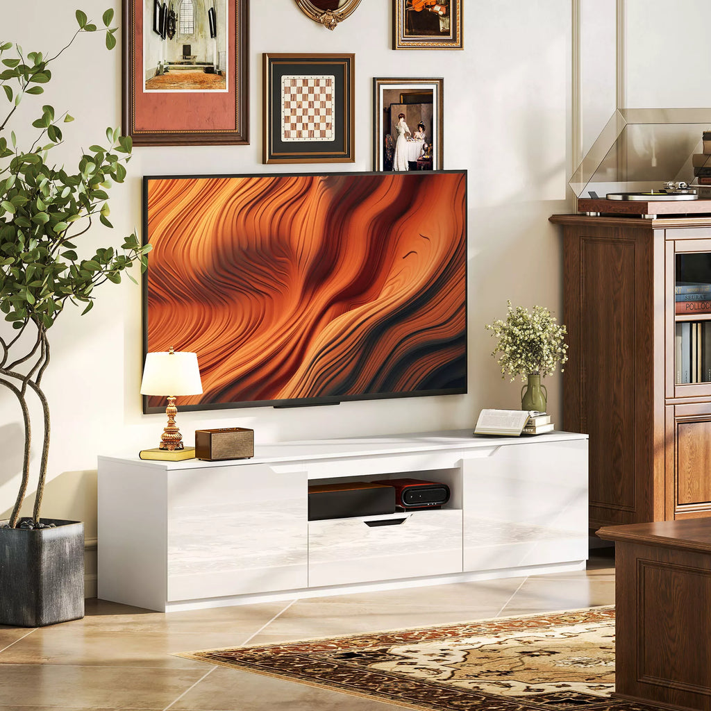 TV spintelė, blizgi, skirta televizoriams iki 65 colių, 3 skyriai, stalčius, 160 x 38 x 43 cm, balta