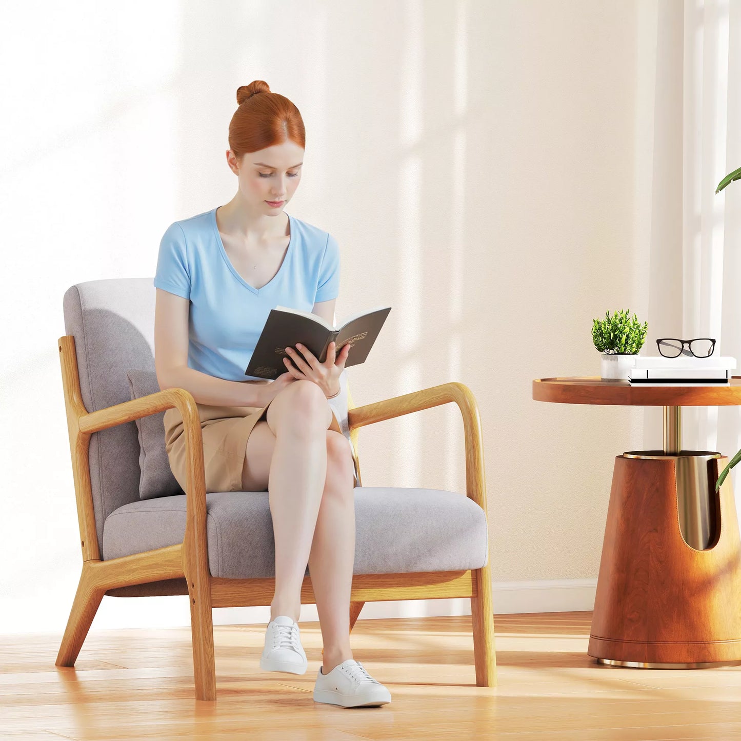 Elegantiškas svetainės fotelis su mediniu rėmu ir putplasčio užpildu, aksomo išvaizda, skirta svetainei, miegamajam, pilkos spalvos