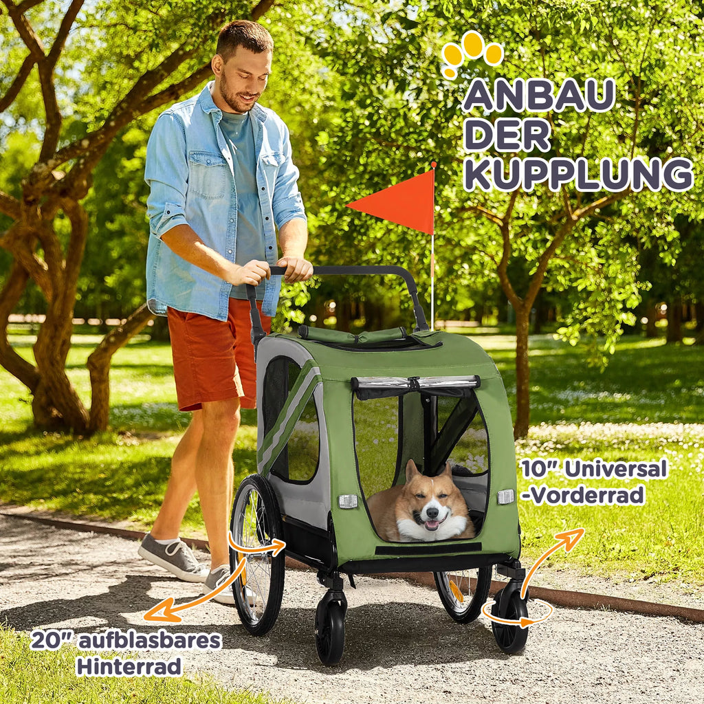 PawHut 2-in-1 šunų vežimėlis, šunų dviračio priekaba, sulankstomas, atsparus oro sąlygoms, šunims iki 20 kg, žalias