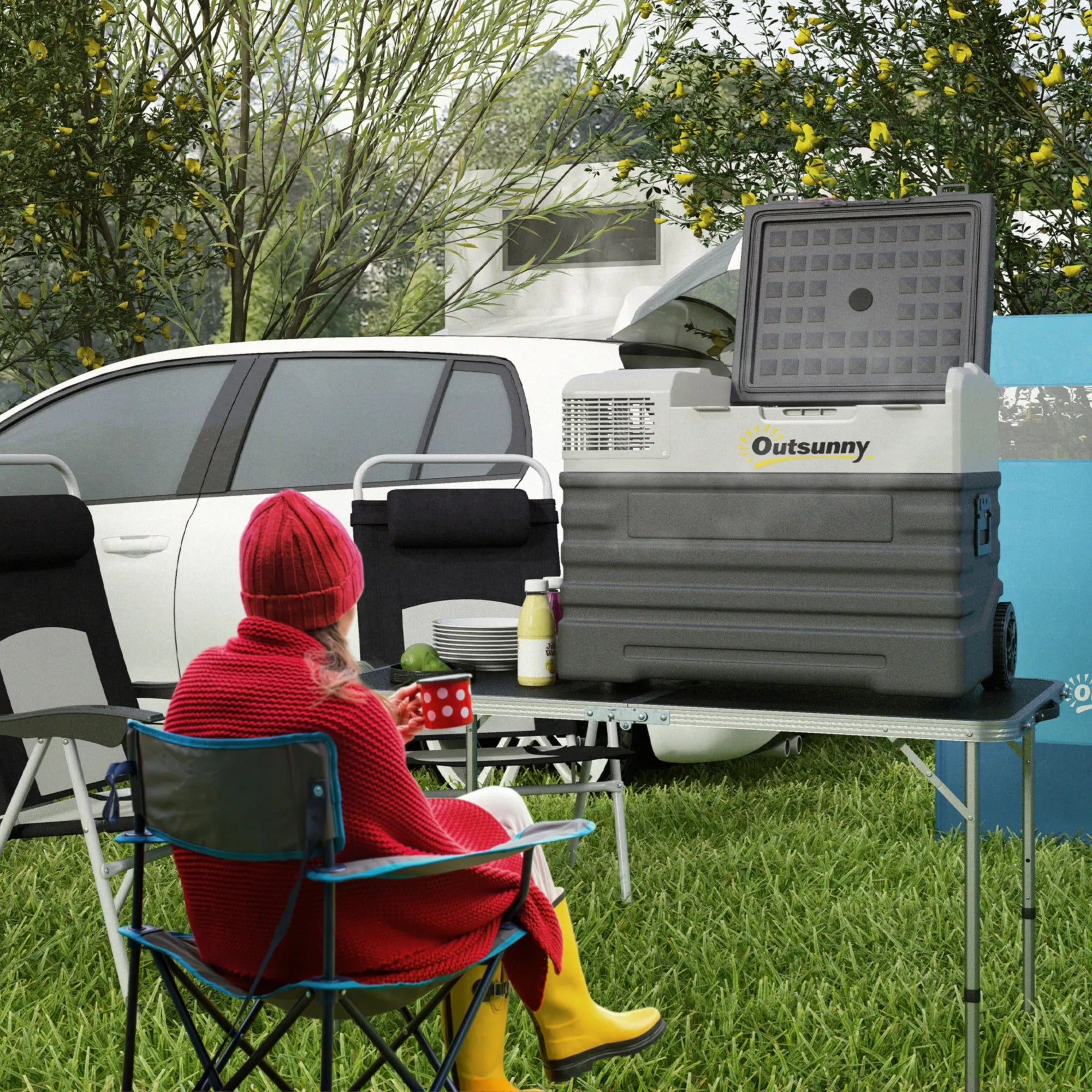 Automobilinis šaldytuvas, šaldymo dėžė, mobilus, 56 l, nuo -20 °C iki 20 °C, 69 x 43 x 54 cm, juodos/pilkos spalvos