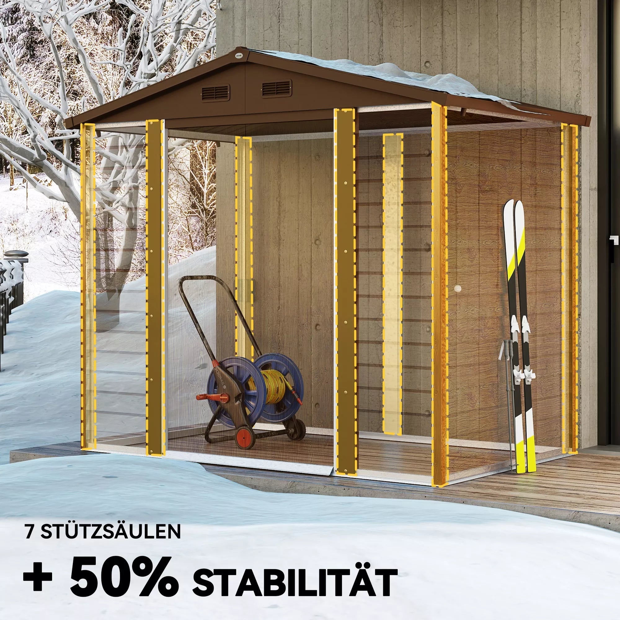 Sodo namelis, įrankių namelis, sodo namelis su langais, atsparus atmosferos poveikiui, medžio imitacija, plienas, 152 x 235,7 x 208,7 cm, rudas