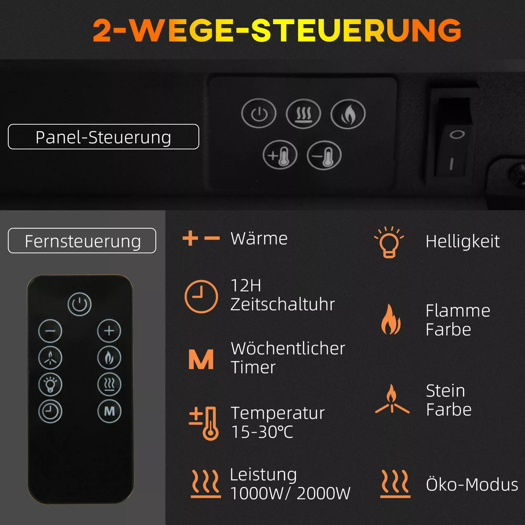 Elektrinis židinys, sieninis židinys su 2000 W šildymu, LED 3D liepsnos efektas, kristalai, 11 spalvų su 3 ryškumo lygiais, elektrinis židinys su nuotolinio valdymo pultu, laikmatis, sieninis montavimas, baltas