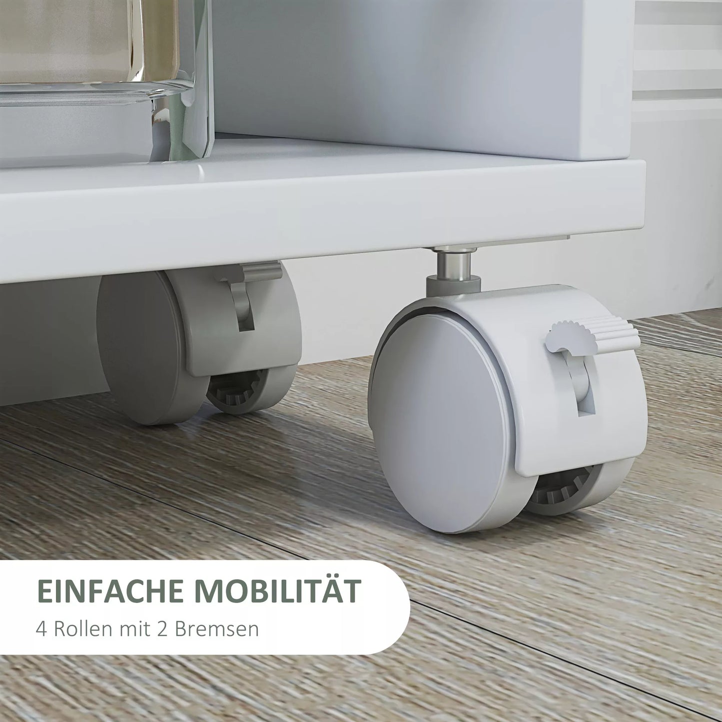 Daugiafunkcinė lentynos su ratukais, siaura konstrukcija, 4 skyriai, 45x15x91 cm, balta