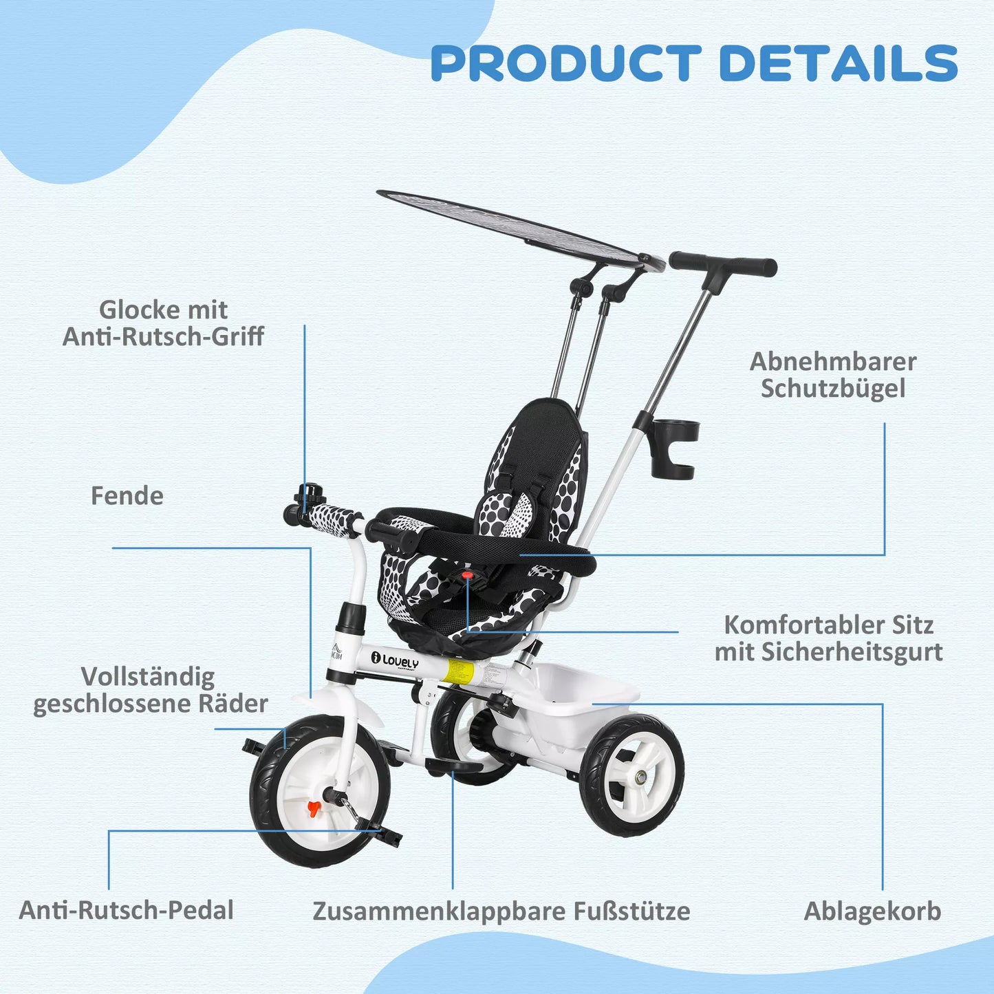 6-in-1 vaikiškas triratukas su stūmimo rankena, stogeliu, saugos diržu, laikymo krepšeliu, skirtas 1-5 metų vaikams, baltas