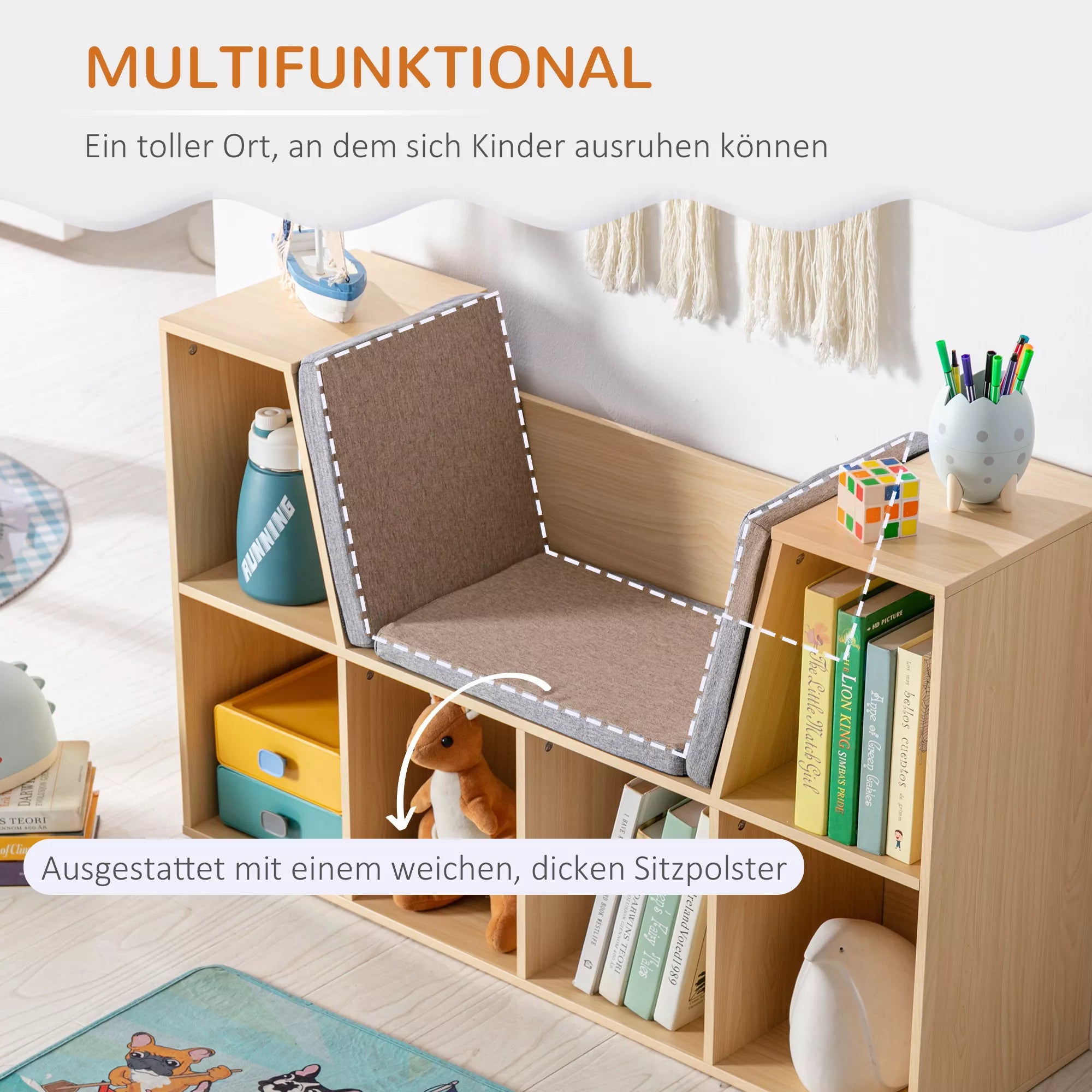 2-in-1 vaikų lentynos lentynos + suoliukas su pagalvėlėmis 103 cm × 30 cm × 62 cm Balta + Pilka