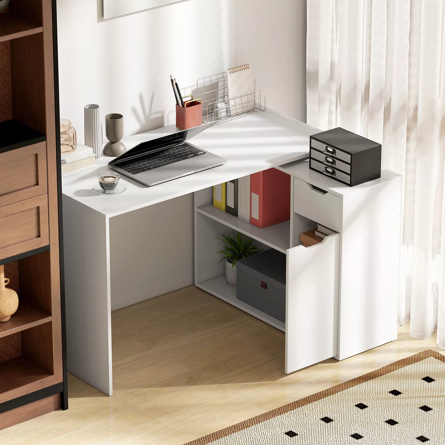 Lankstus stalas, 2 pakopų spinta, stalčius, atviri skyriai, mediena, balta spalva