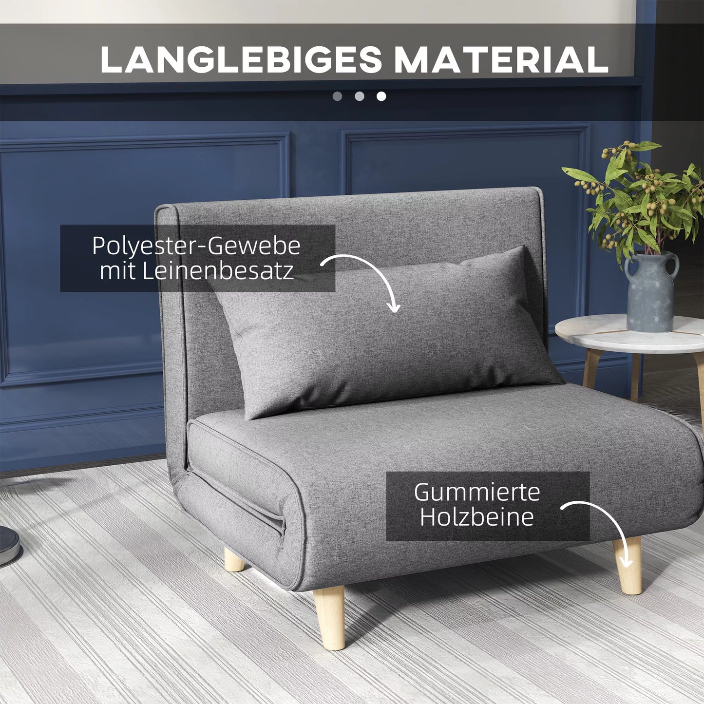 Vienvietė sofa, miegama sofa, sulankstoma sofa, reguliuojama nugarėlė, kušetė, nordiška, skandinaviška, 25D putplastis, namams, linas imitacija, kaučiukmedžio mediena, pilka, 94 x 78 x 80 cm