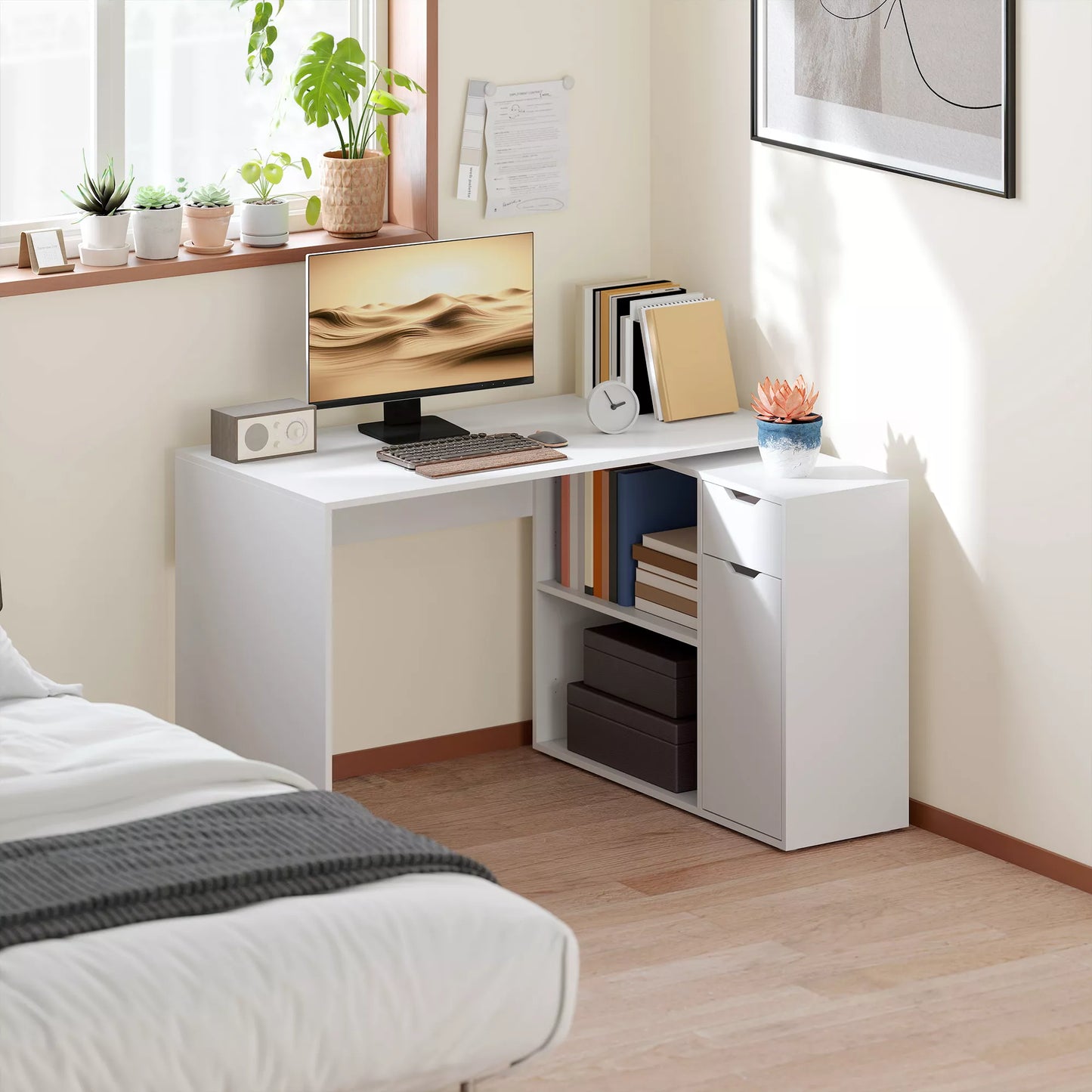 Lankstus stalas, 2 pakopų spinta, stalčius, atviri skyriai, mediena, balta spalva