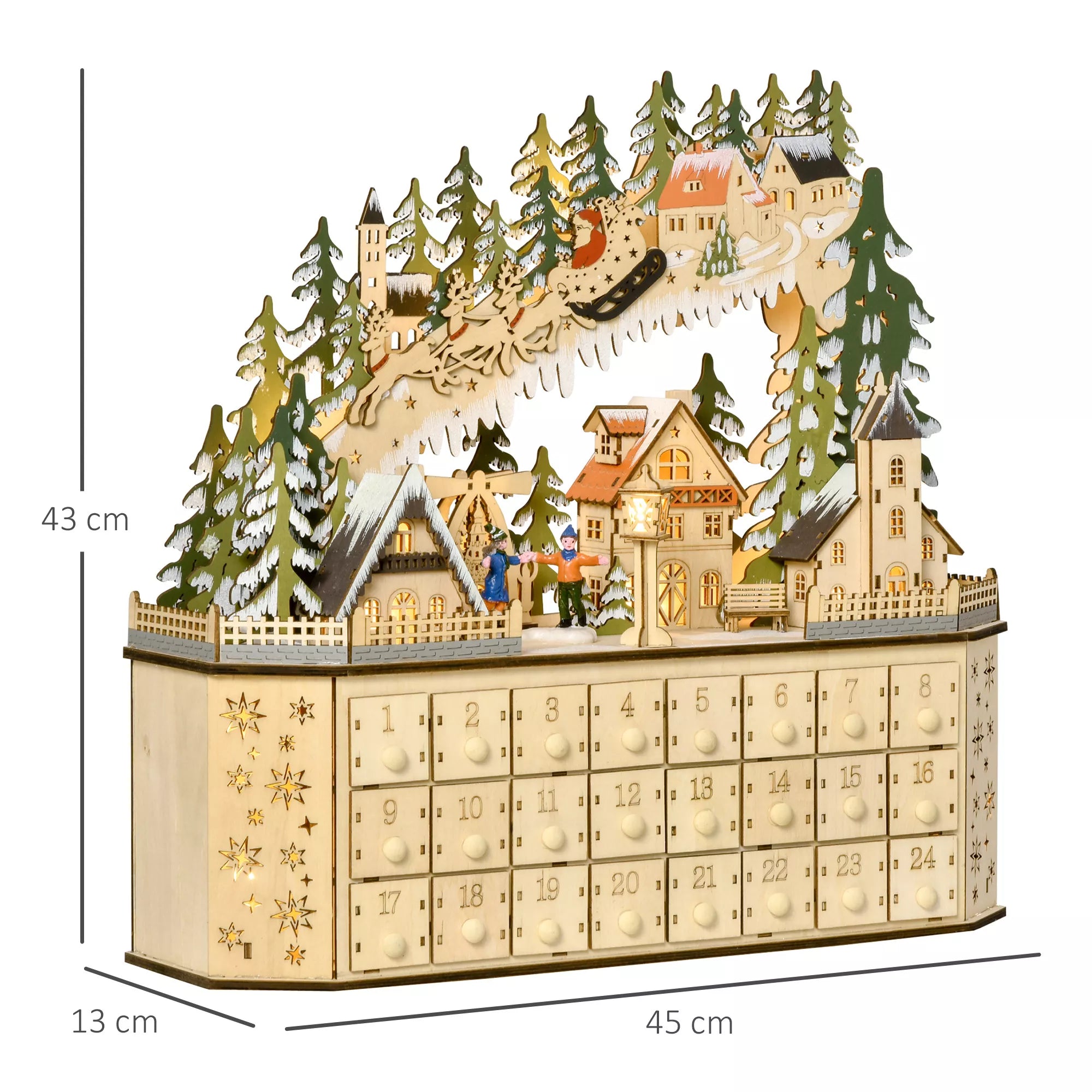 Advento kalendorius Kalėdinė puošmena, 24 stalčiukai, LED lemputės, 39 cm x 9 cm x 42 cm, Balta + Žalia
