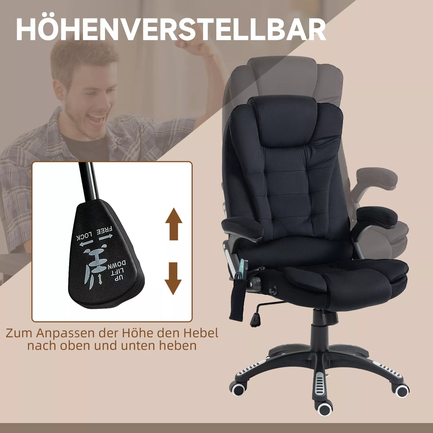 Biuro kėdė su masažo ir šildymo funkcija, ergonomiška, reguliuojamo aukščio, juoda