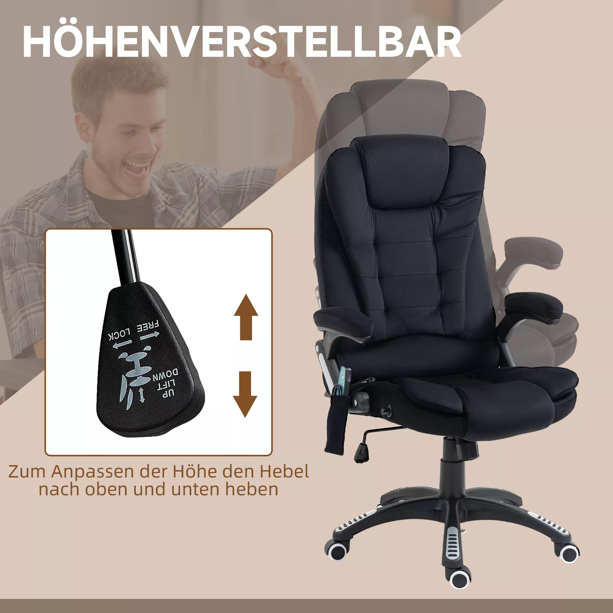 Biuro kėdė su masažo ir šildymo funkcija, ergonomiška, reguliuojamo aukščio, juoda