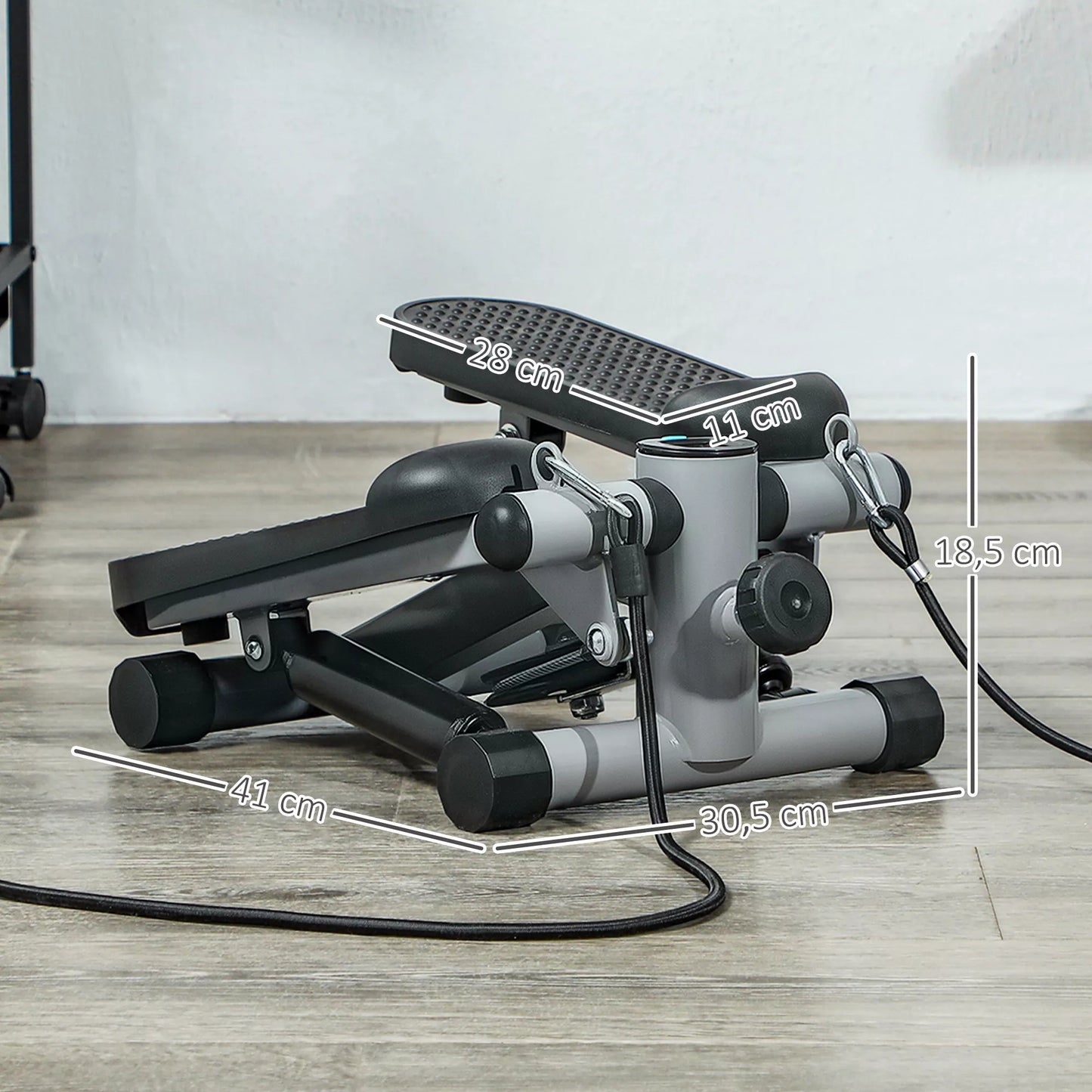 2in1 Mini treniruoklis namams su Power Ropes, LCD ekranu, Up-Down Swing Stepper, 41 x 30,5 x 18,5 cm, pilkos spalvos