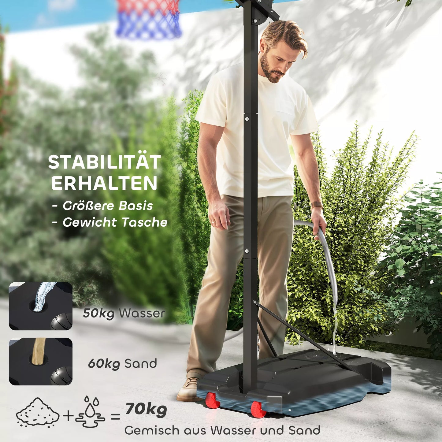 Lauko krepšinio stovas jaunimui, 200-260 cm reguliuojamo aukščio, su ratukais, raudonas