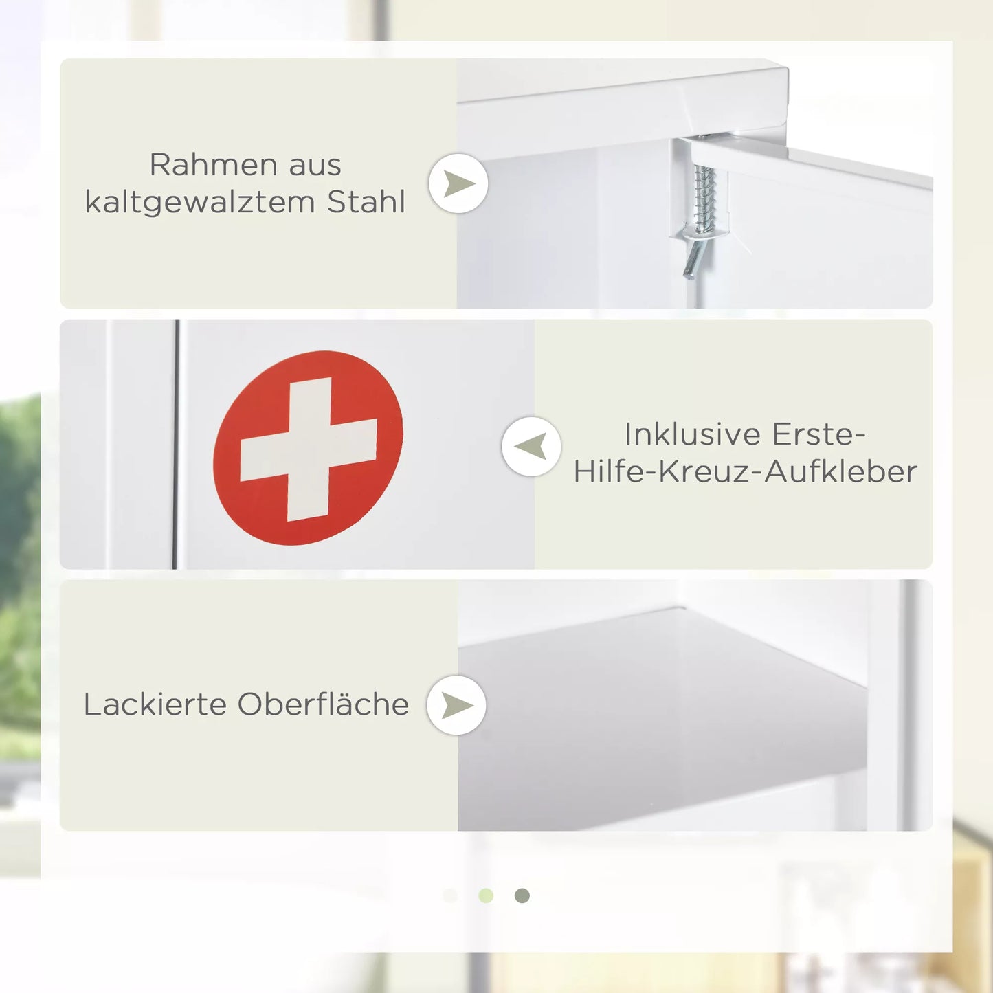 Vaistinėlė, 3 skyriai, rakinama, su skyriumi receptams, tvirtas plieninis korpusas, balta, 40 x 15 x 53,5 cm