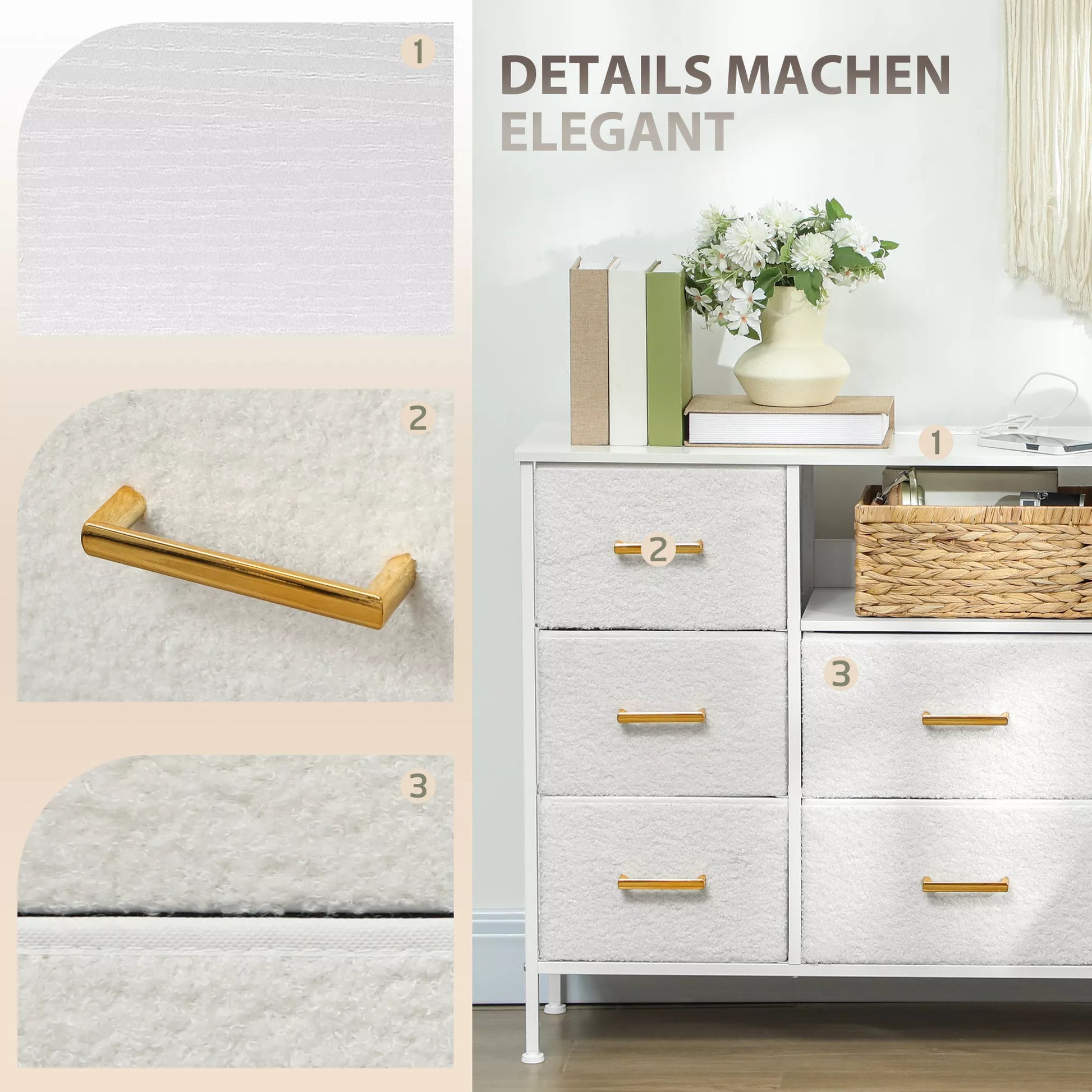 Komoda, spinta su 8 audinio stalčiais, elektros lizdų juosta, plieninis rėmas, stalčių spinta prieškambariui, miegamajam, svetainei ir biurui, kreminės baltos spalvos.