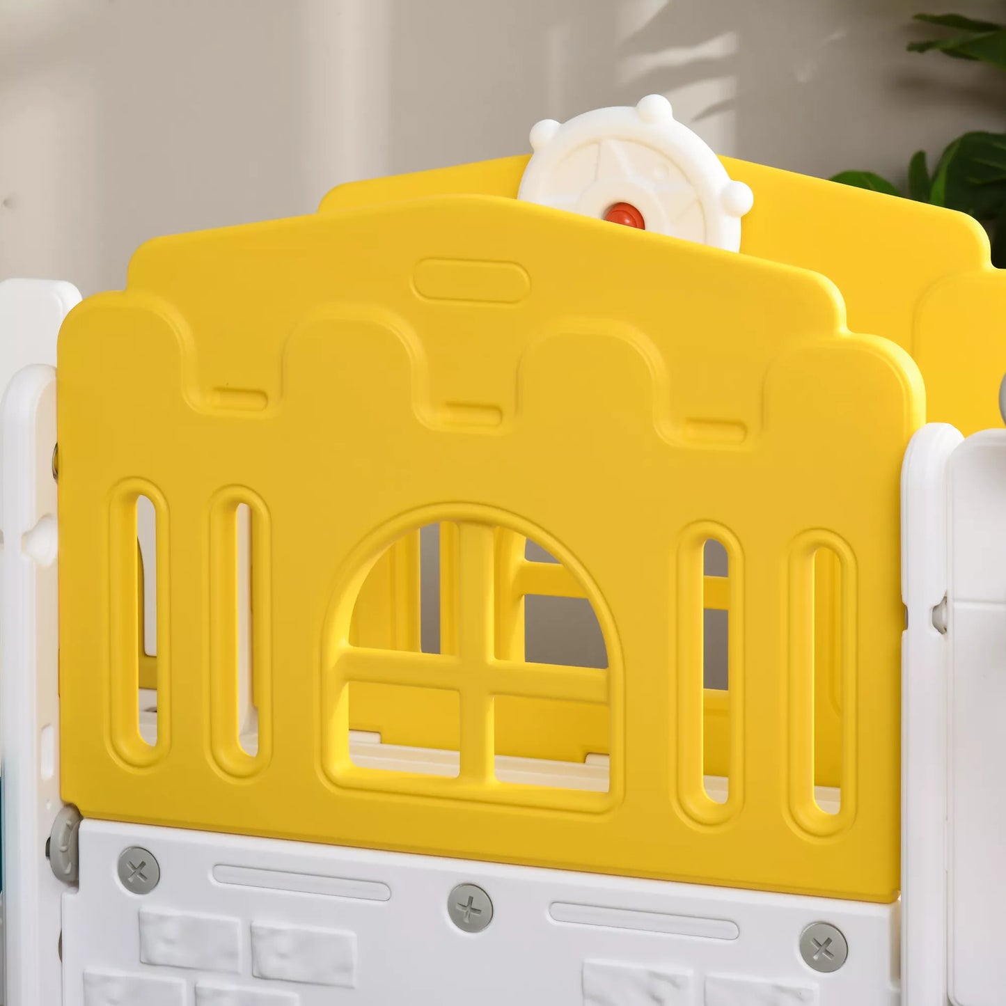 Vaikiška čiuožykla, 7 viename žaidimų kompleksas, su krepšinio lenta ir vairu, 1-3 metų vaikams, 178x177x99cm, Geltona/Balta/Žalia