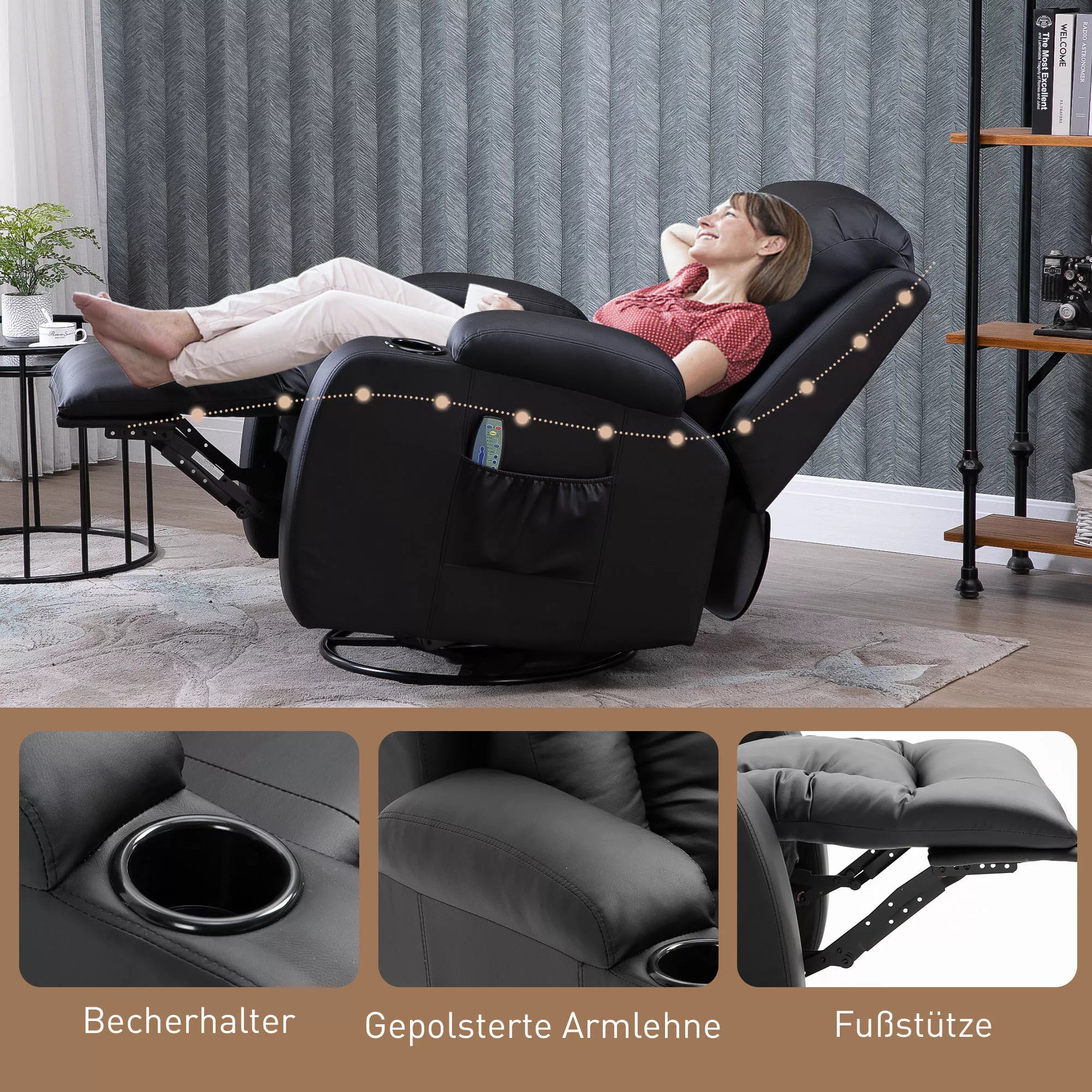 Masažinis krėslas, relaksacinis krėslas, sūpynės funkcija, 8 vibracijos taškai, su nuotolinio valdymo pulteliu, juodas