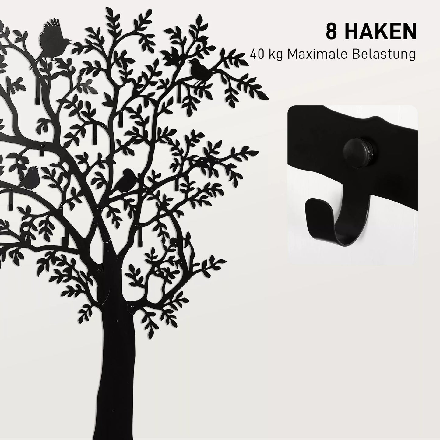 Sieninis drabužių kabyklas, prie sienos tvirtinamas kabliukas, medžio dizainas su paukščiais, juodas