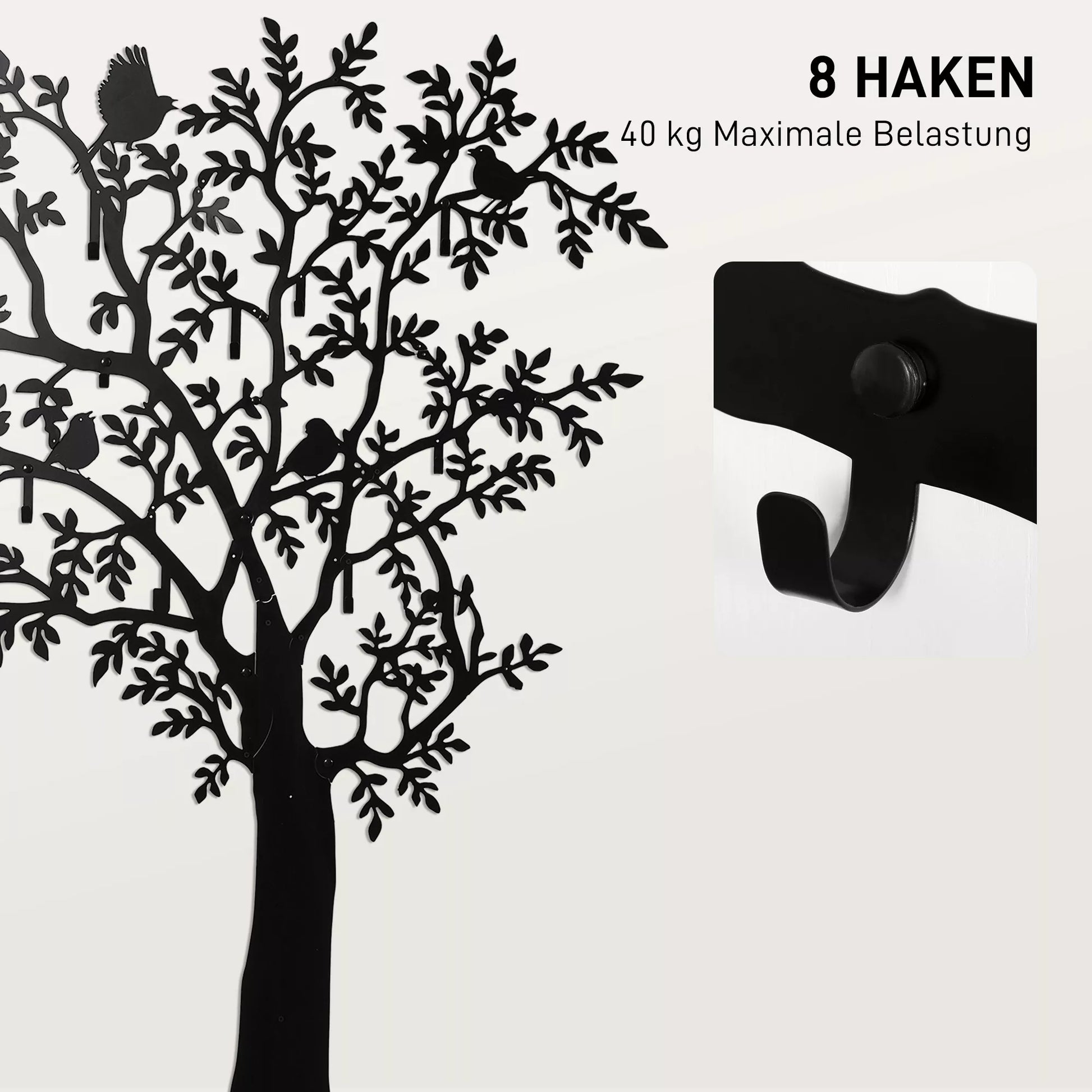 Sieninis drabužių kabyklas, prie sienos tvirtinamas kabliukas, medžio dizainas su paukščiais, juodas