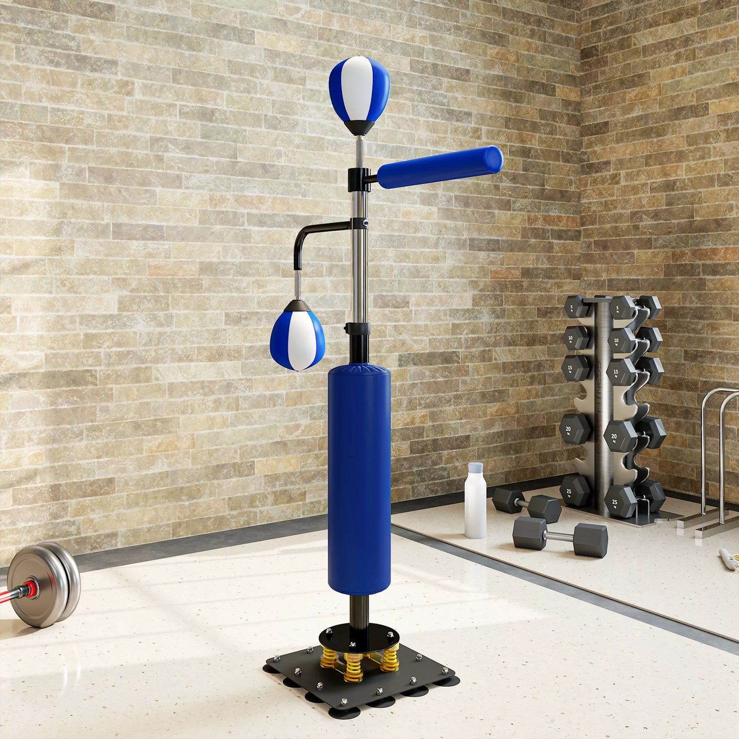 Bokso stovas, du greičio kamuoliukai, besisukanti bokso štanga, smūgių pagalvėlės, reguliuojamo aukščio, plienas, 107 x 36 x 140-205 cm, Mėlyna
