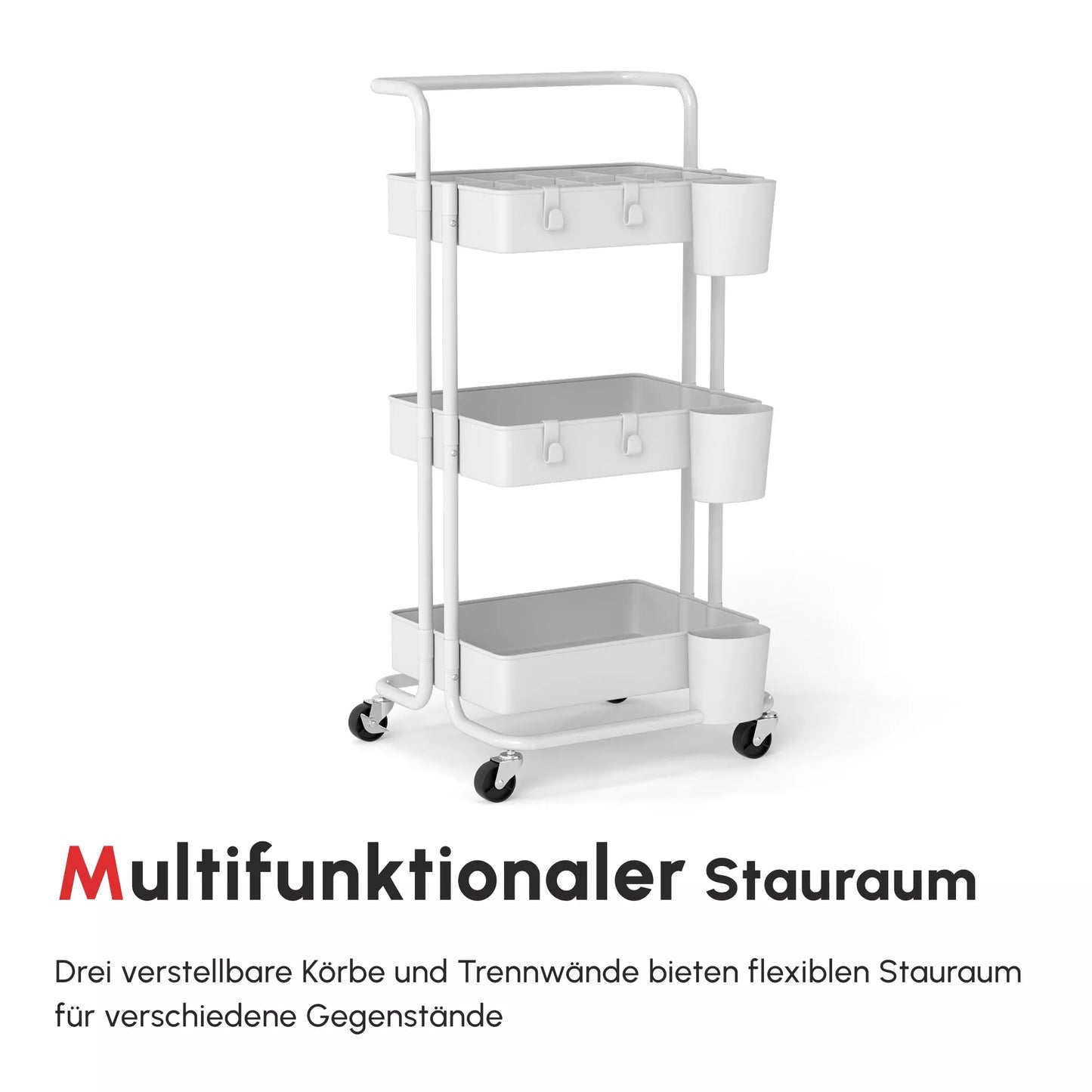 Ratinis vežimėlis, serviso vežimėlis, 3 laikymo krepšeliai, 3 pakabinamos dėžutės, 4 kabliukai, metalinis rėmas, 42 x 38 x 86,5 cm, balta