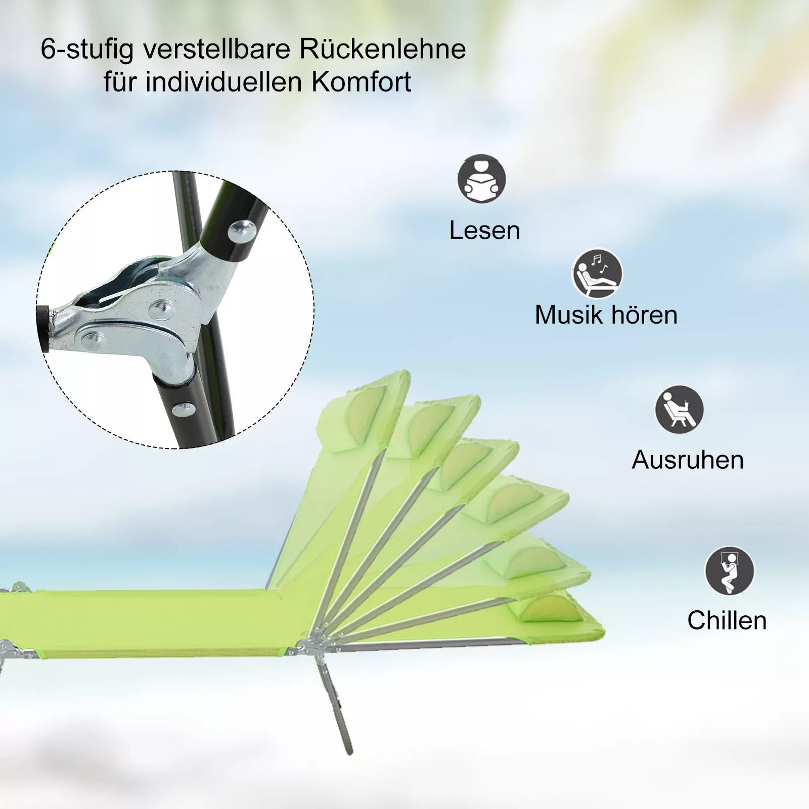 Suligama sulankstoma sodui su pagalvėle, 5 padėčių reguliuojama stovyklavimo kėdė, atlaikanti iki 120 kg, tinkama sodui, balkonui ir baseinui, 4 spalvos (žalia)