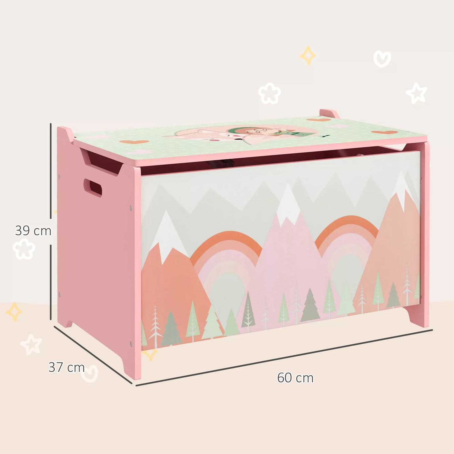 Laikymo dėžė su daiktadėže, žaislų dėžė su saugiu dangčio vyriu, mielas gyvūnėlio dizainas, 60 x 37 x 39 cm, rožinė