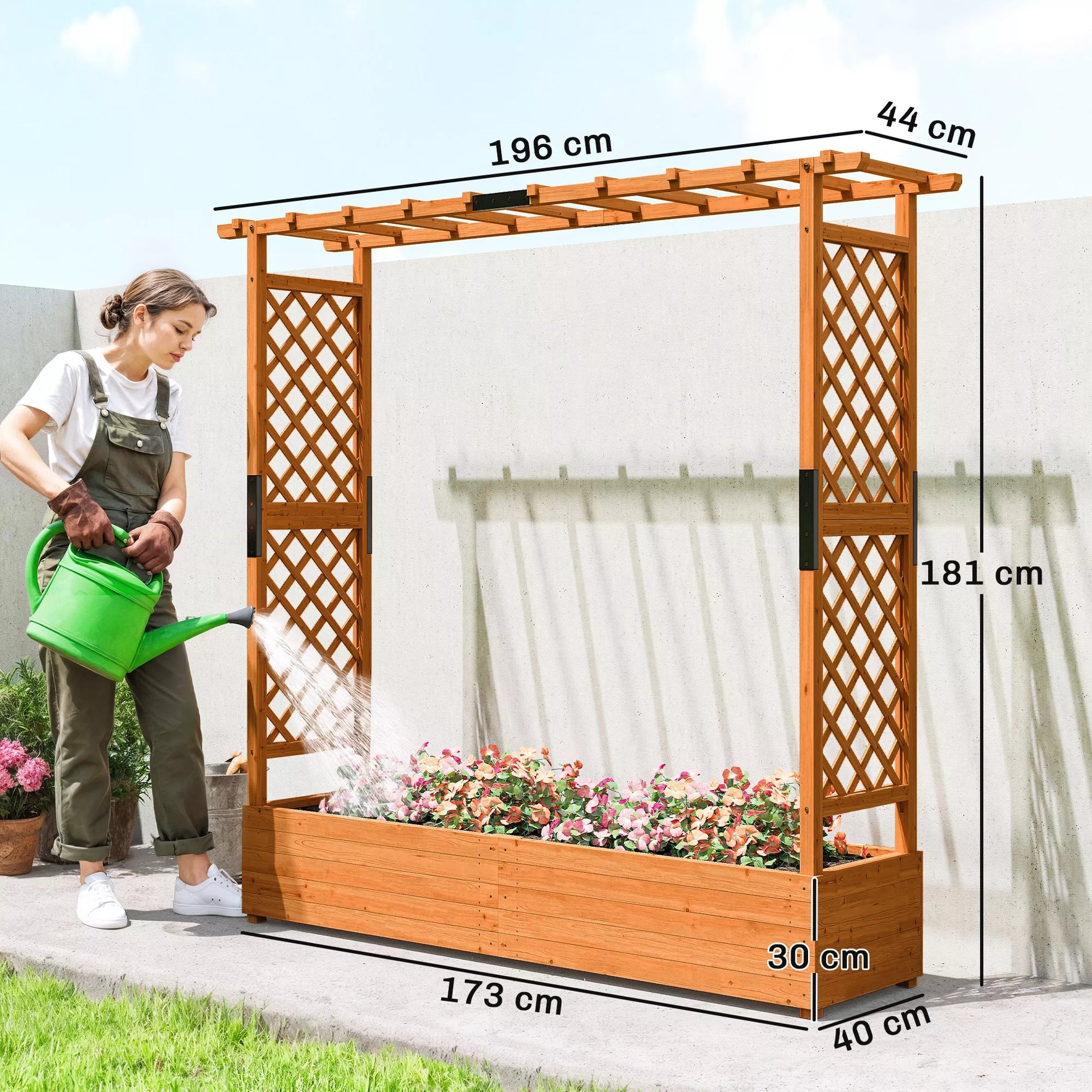 Aukštas lysvynas su tinkleliu ir stogu, skirtas gėlėms, vaisiams, daržovėms, žolelėms, 196 x 44 x 181 cm, medinis, oranžinis