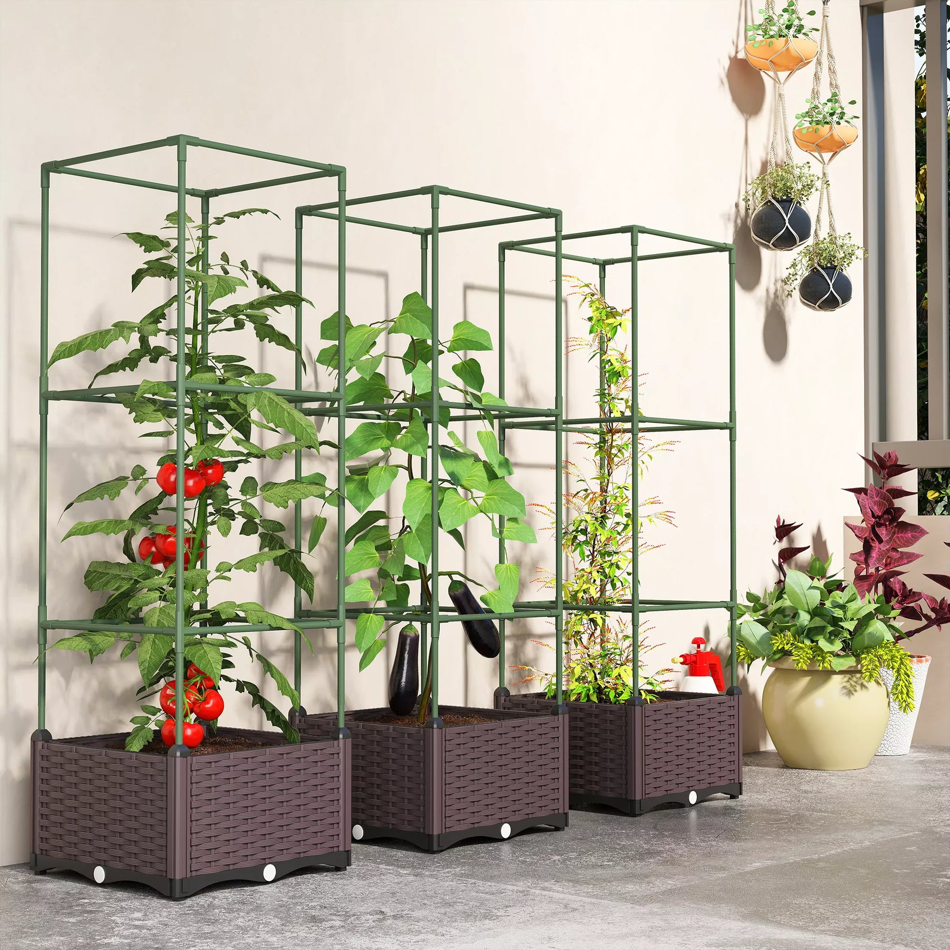 Pakeltų lysvių su grotelėmis rinkinys, trijų dalių augalų dėžės su drenažo angomis, plastikas, balta