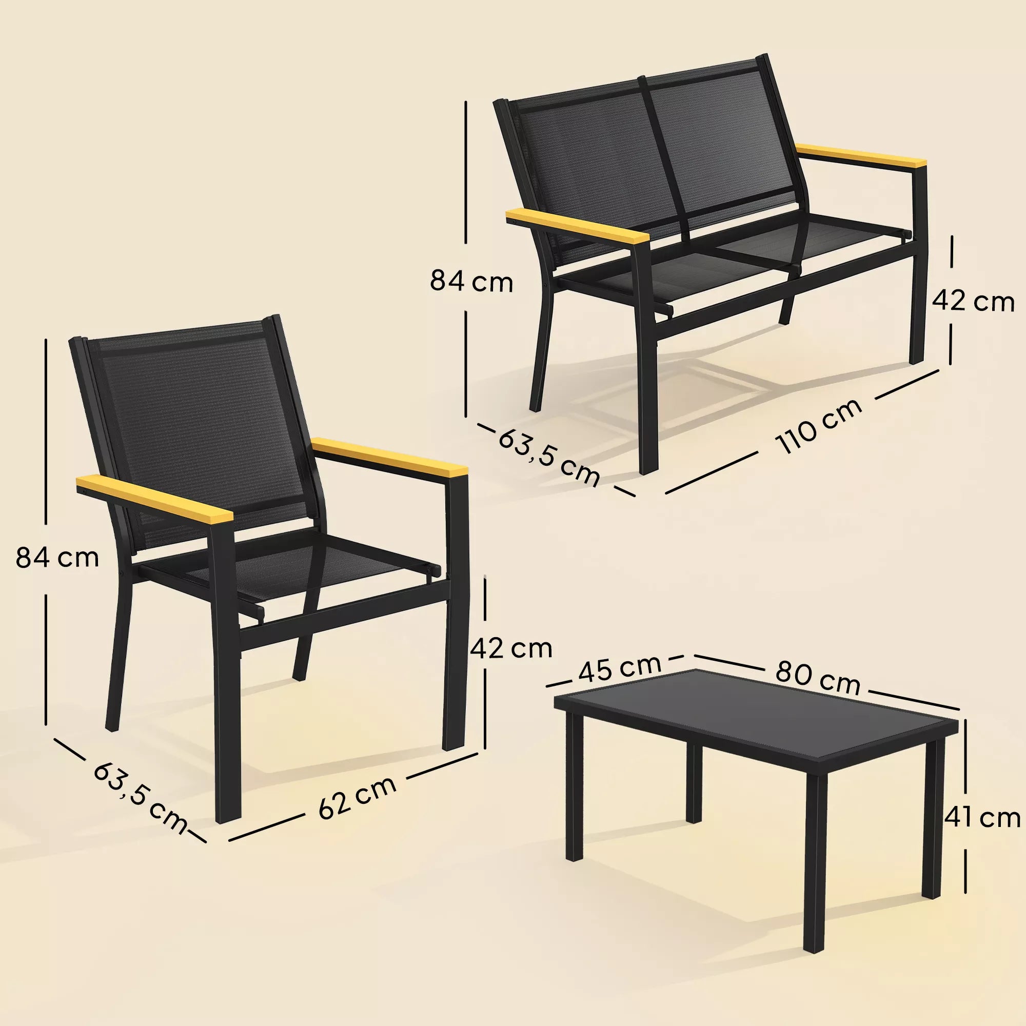 Sodo baldų komplektas iš metalo, skirtas 4 asmenims. Sodo poilsio zona su dviviete sofa, kėdėmis ir pagalbiniu staliuku, 110x63,5x84 cm, juodos spalvos