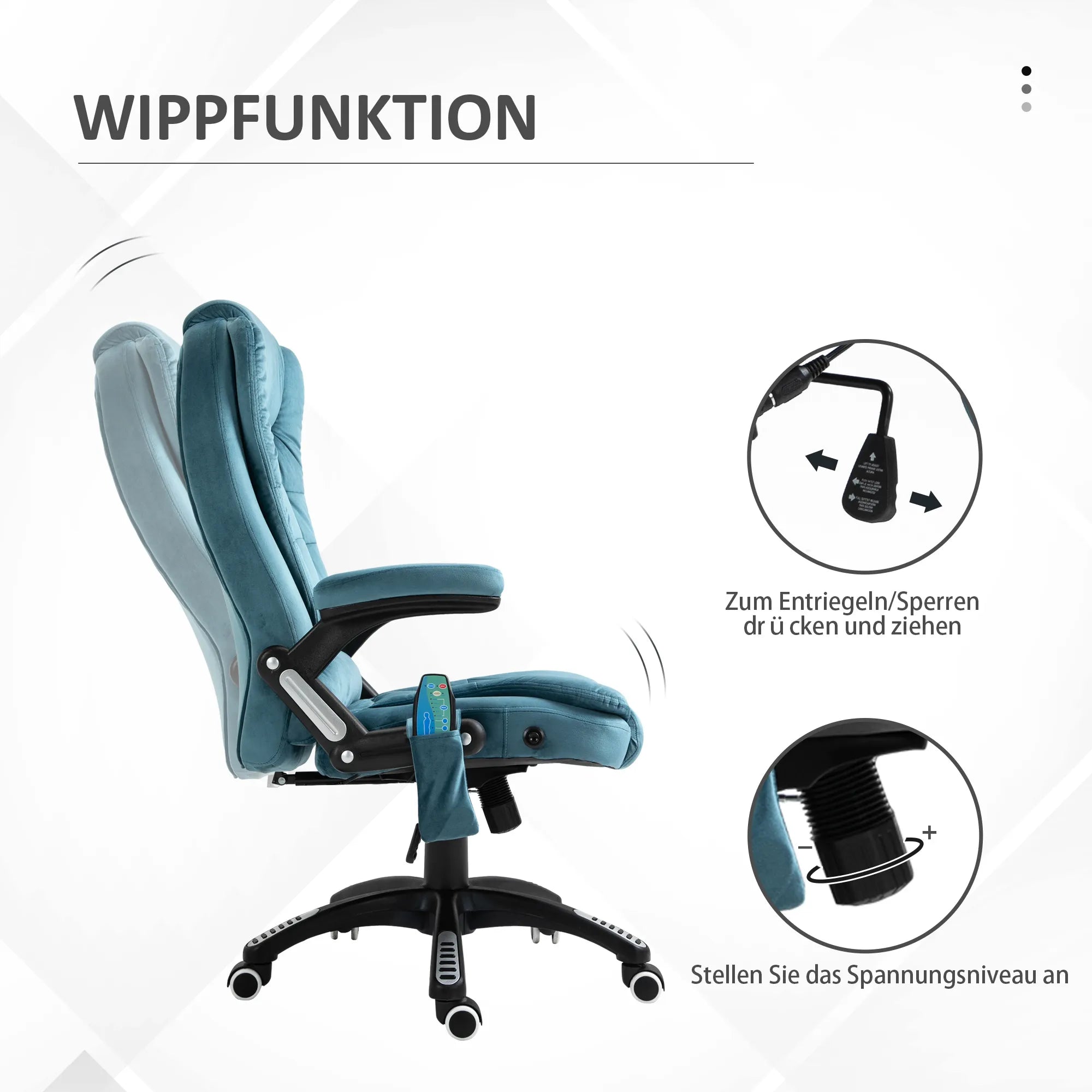 Biuro kėdė, masažinė, su šildymo funkcija, vadybininko kėdė su masažu, aukščio reguliavimo ergonomiška žaidimų kėdė, mėlyna, 68 x 72 x 110–120 cm
