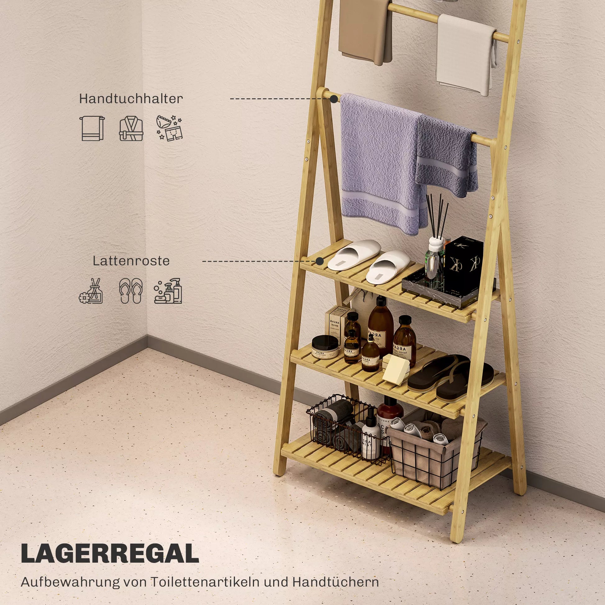 3 pakopų vonios lentyna, 3 rankšluosčių laikikliai, bambuko rėmas, A formos, su grotelėmis