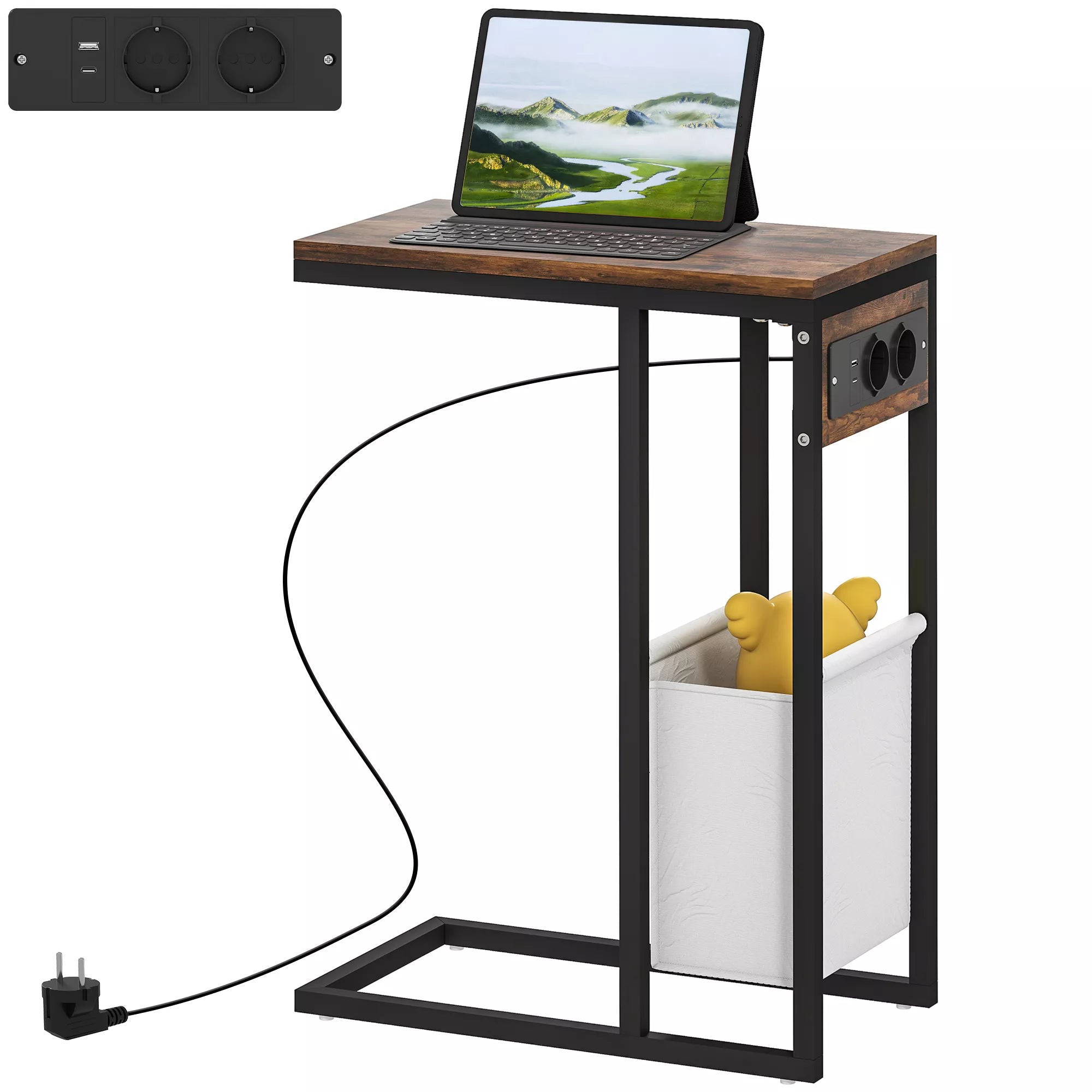 Pastatomas staliukas su elektros lizdais, USB jungtimis, kabeliu, C formos dizainas