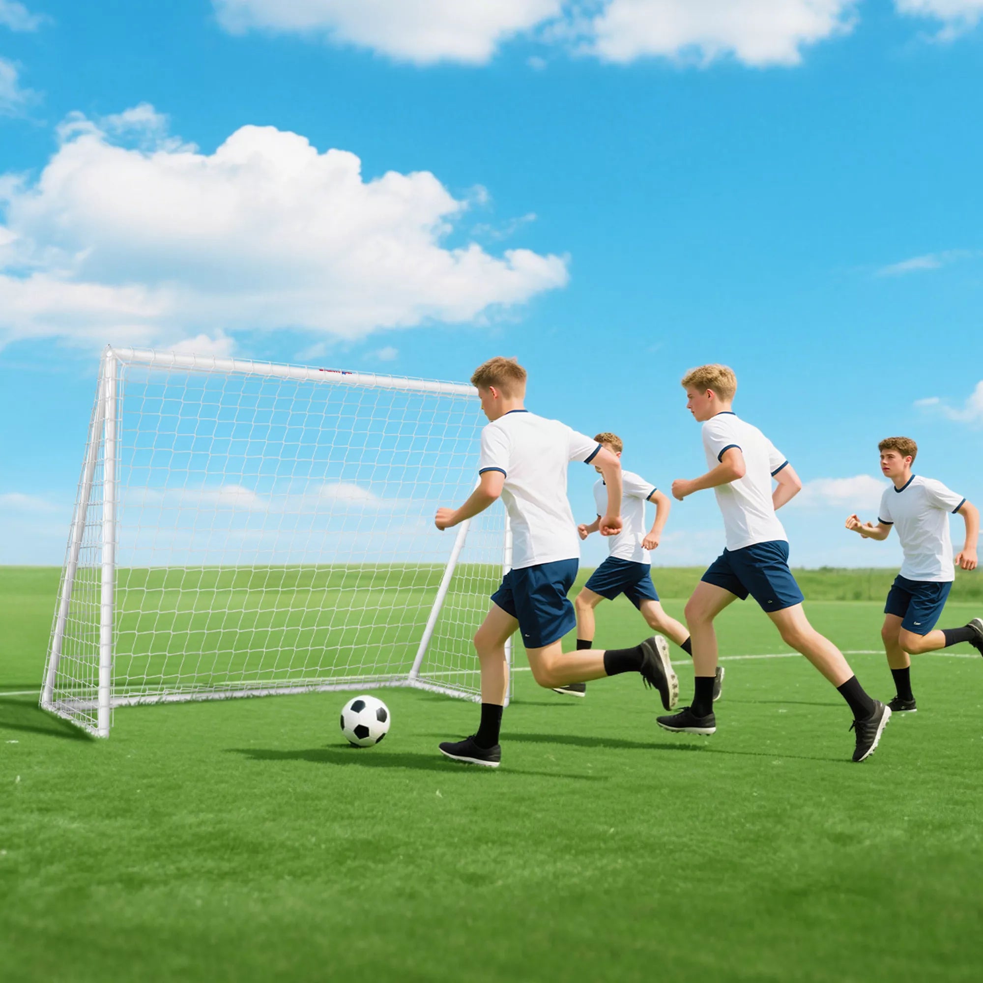 Vaikinai žaidžia futbolą prie vartų pievoje