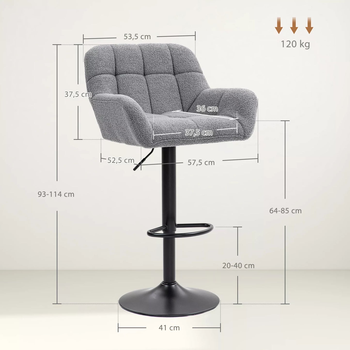 Baro taburečių rinkinys iš 2 vnt., retro dizaino, reguliuojamo aukščio, fleece tipo, pilka ir juoda