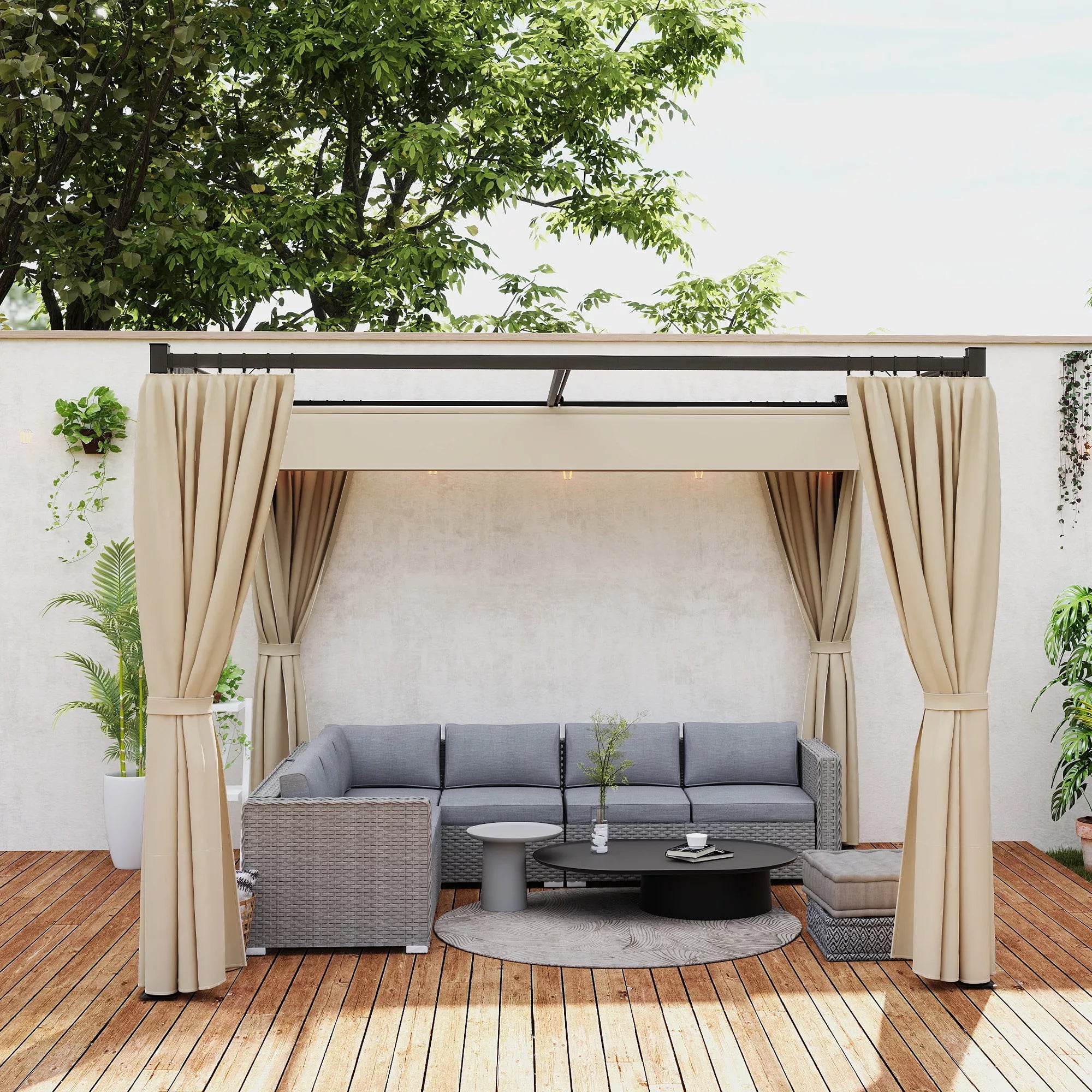 Pergola 3 x 3 m Atskirai stovinti terasos stogelė su stumdomu stogu, 4 šoninės sienos, atspari UV spinduliams, smėlio spalvos