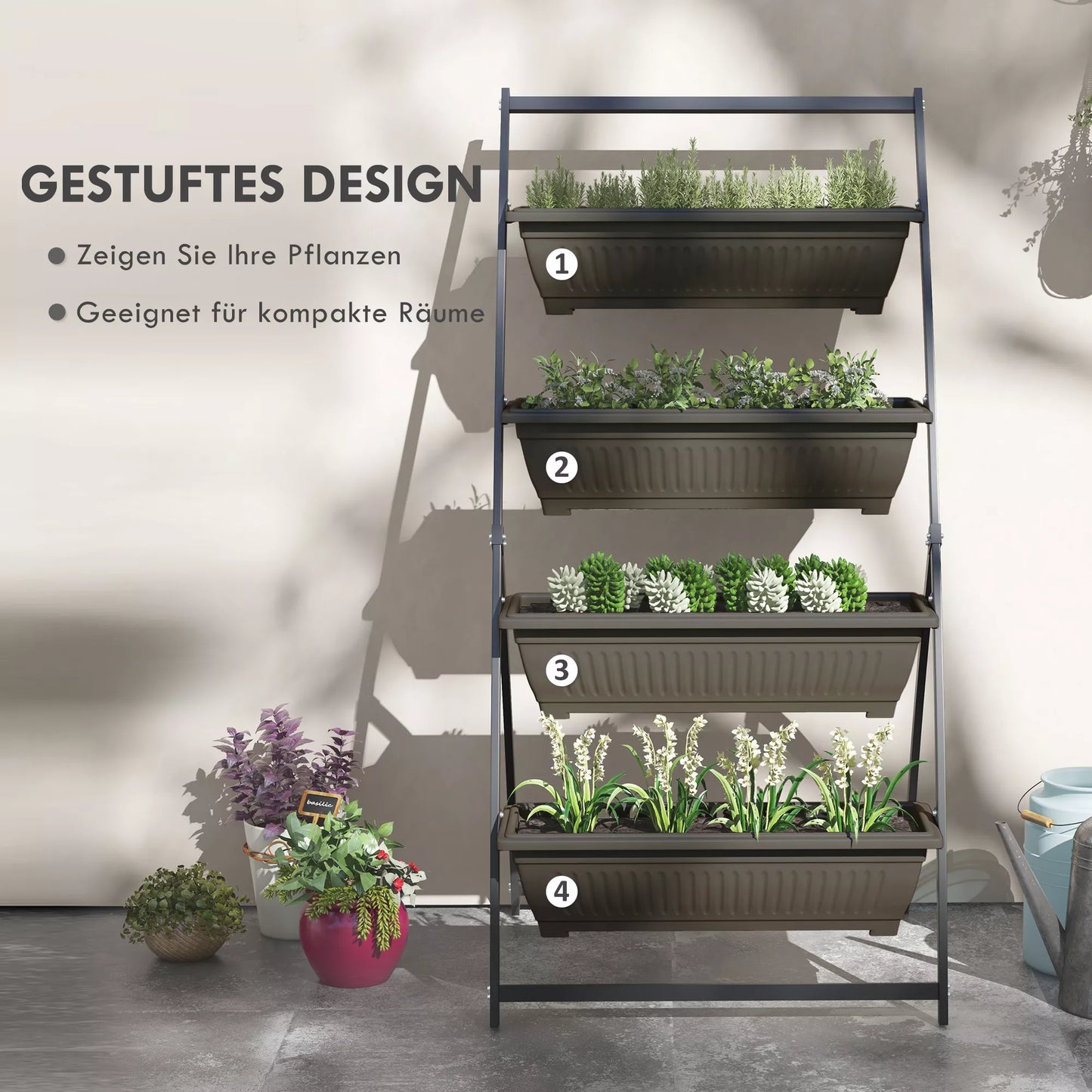 Augalų laiptai Gėlių laiptai Augalų lentynos, sukraunamos, atsparios atmosferos poveikiui, 76 cm x 79 cm x 162 cm, rudos spalvos