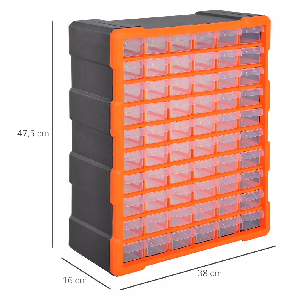 Rūšiavimo dėžutė smulkioms dalims, dalių dėžutė, sandėliavimo dėžutė, 60 skyrių, oranžinė, ilgis 38 x plotis 16 x aukštis 47,5 cm