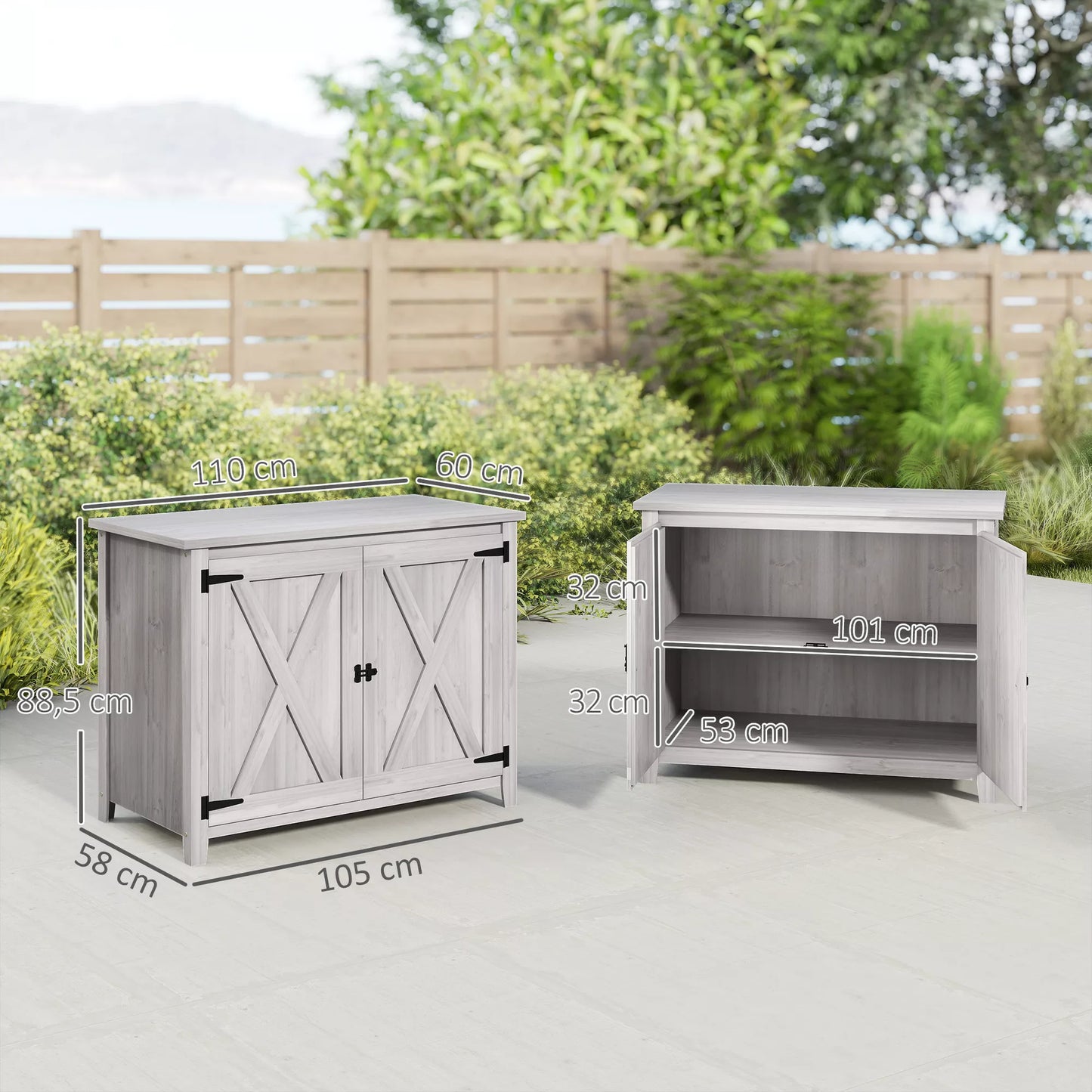 Lauko medinė spinta sodo įrankiams, lauko spinta terasai, su dvigubomis durimis, tvarto dizainas, šviesiai pilka