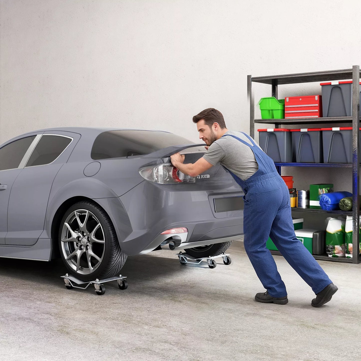 Manevravimo keltuvas, 2 vnt. Manevravimo pagalba, padangų keitimas, keltuvas su 4 ritinėliais, skirtas lengviesiems automobiliams, pilkos spalvos, 40,5 ilgio x 30 pločio x 13,5 aukščio cm